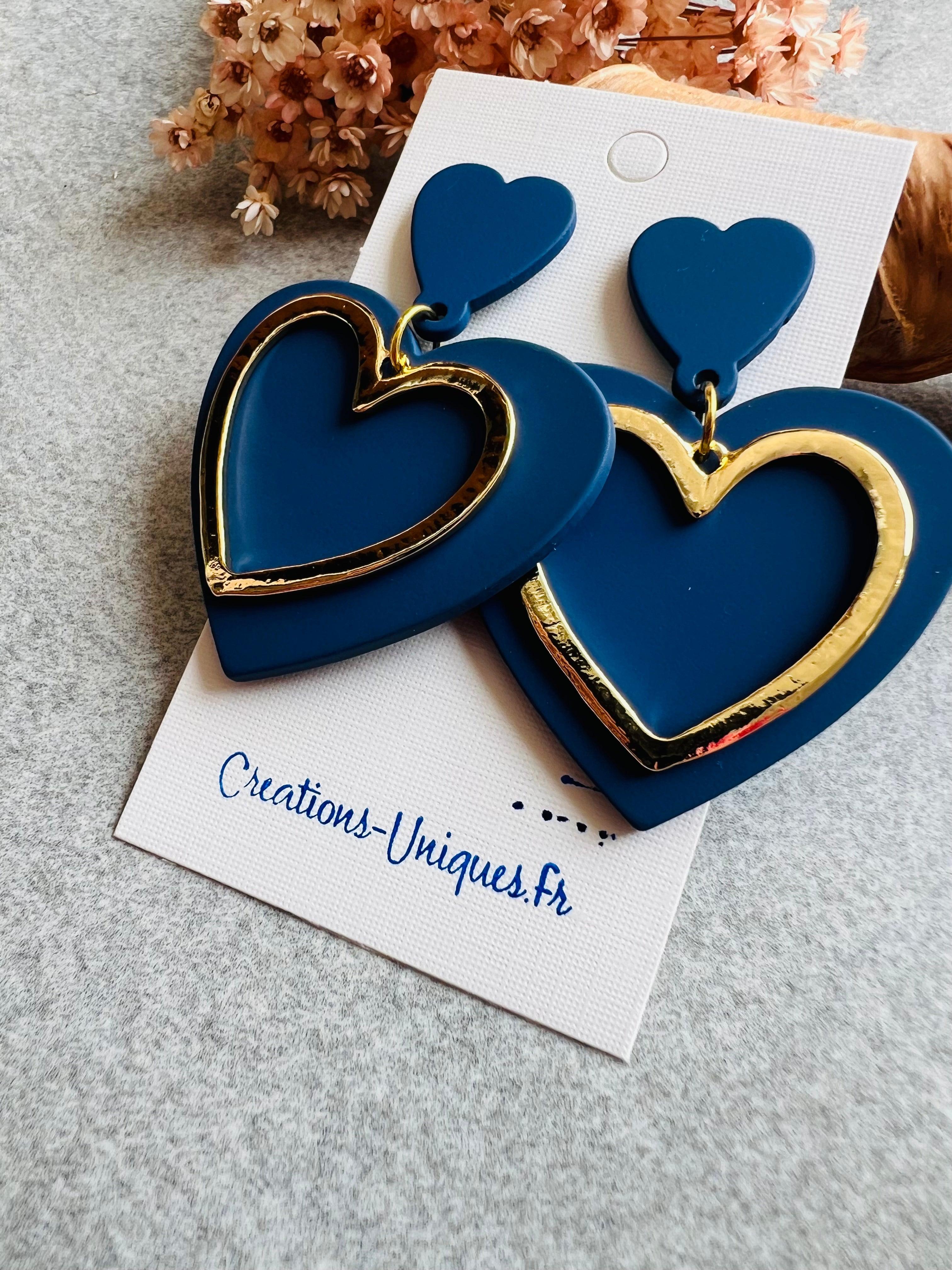 Boucles d’oreilles BROOKLYN cœurs bleu marine et dorés - Créations Uniques - Créations Uniques