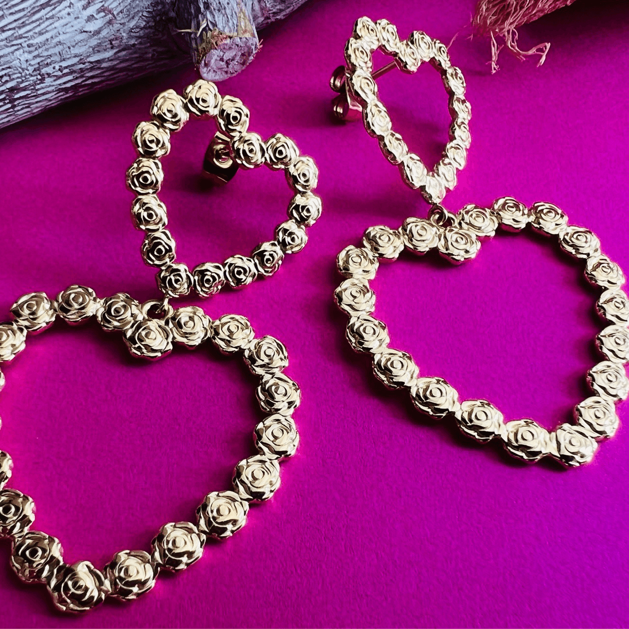 Boucles d’oreilles chic NAËLLE cœurs fleurs de roses - Créations Uniques