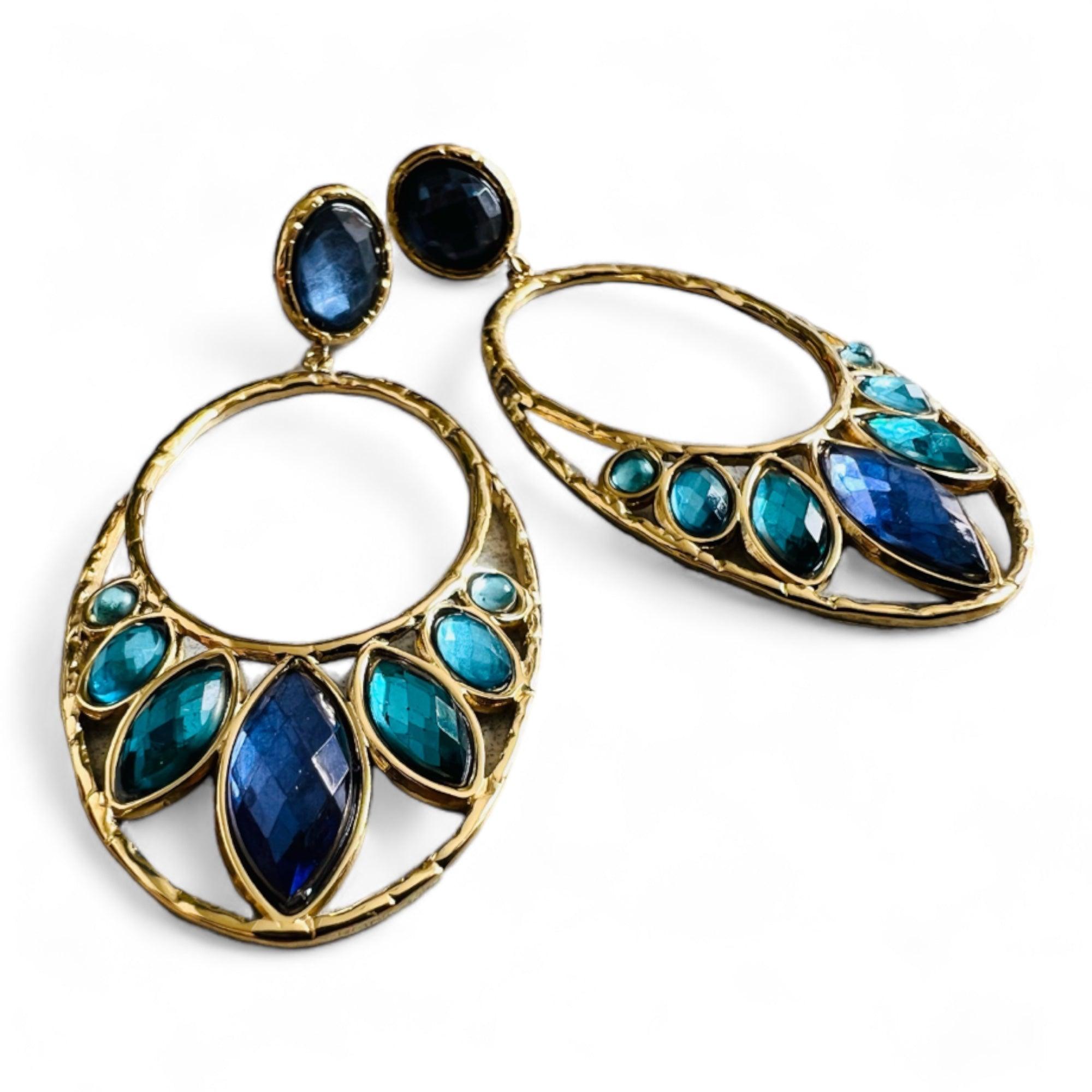 Boucles d’oreilles chic CENDRINE ovales dorés cabochons brillants nuances de bleus - Créations Uniques