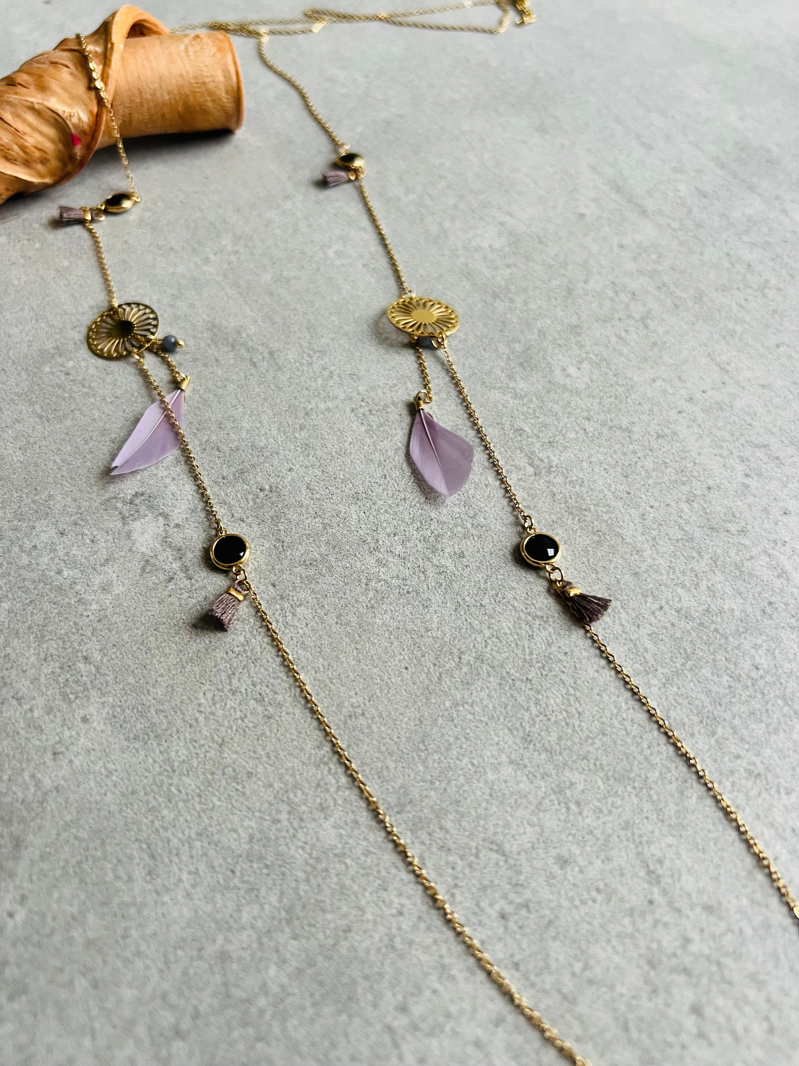Collier MIKAELA plumes violet mauve - Créations Uniques