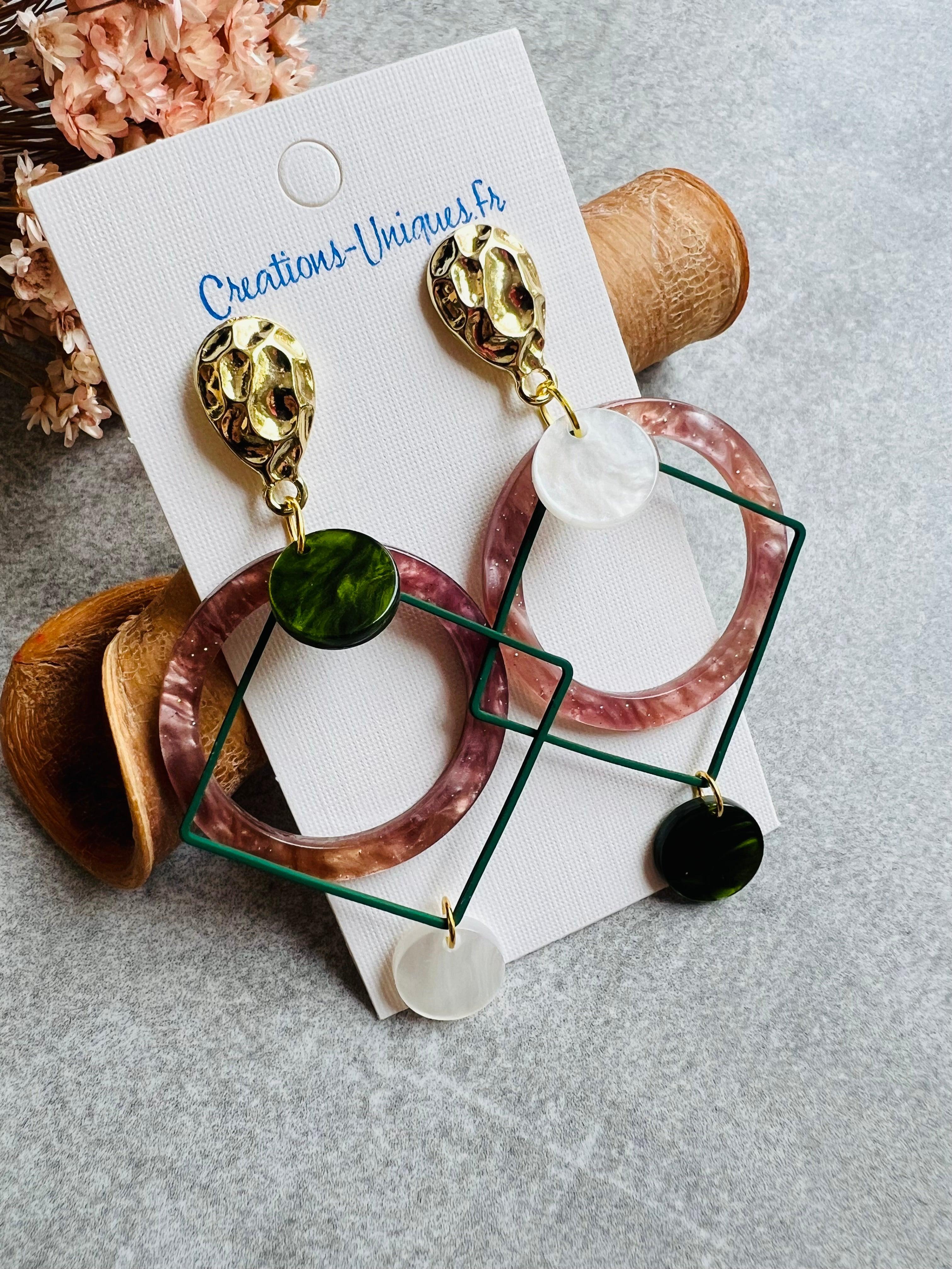 Boucles d’oreilles MARINELA losanges et résine asymétrique - Créations Uniques - Créations Uniques