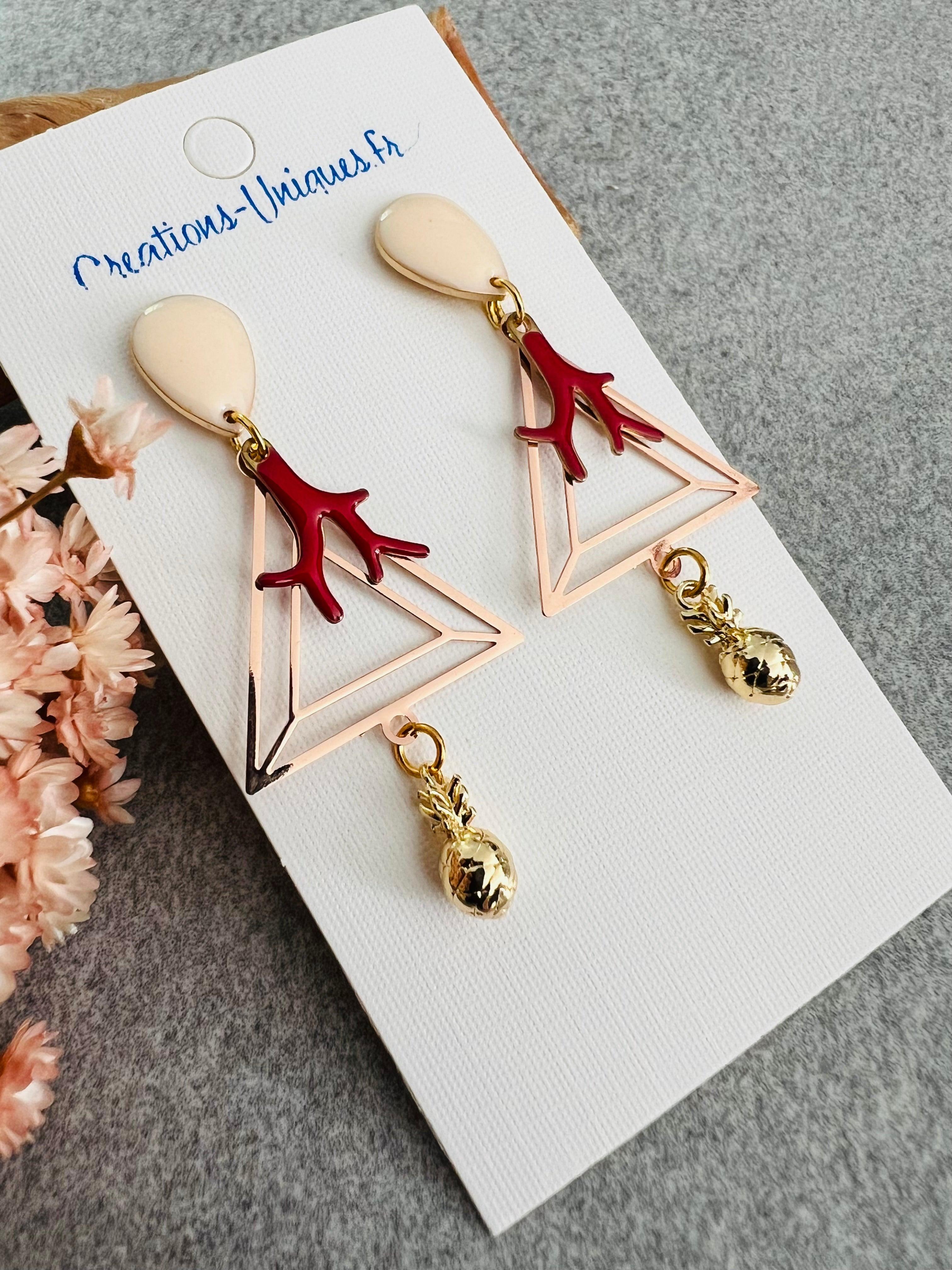 Boucles d’oreilles CORAIL triangles rosé thème plage et ananas - Créations Uniques - Créations Uniques