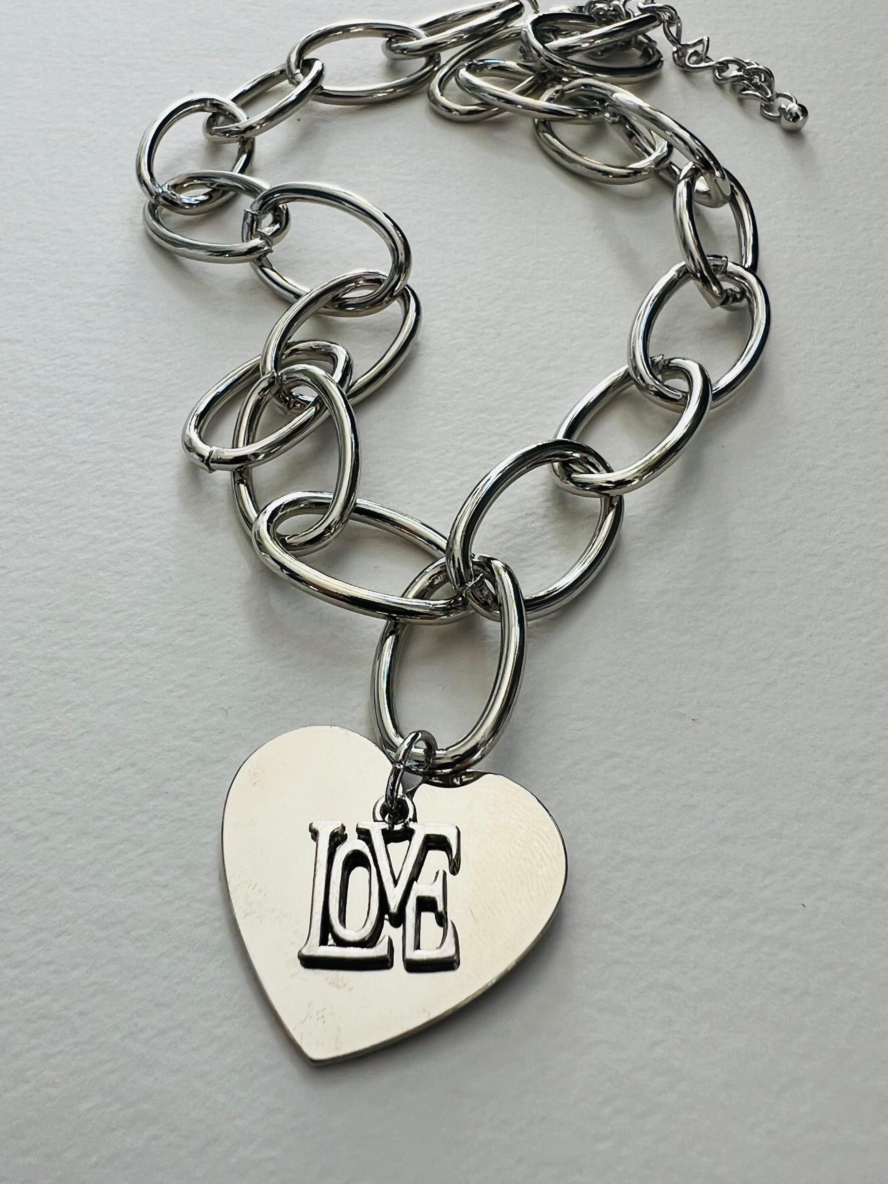 Collier CASSIE pendentif cœur et love superposés, chaîne gris maillons , acier inoxydable - Créations Uniques - Créations Uniques