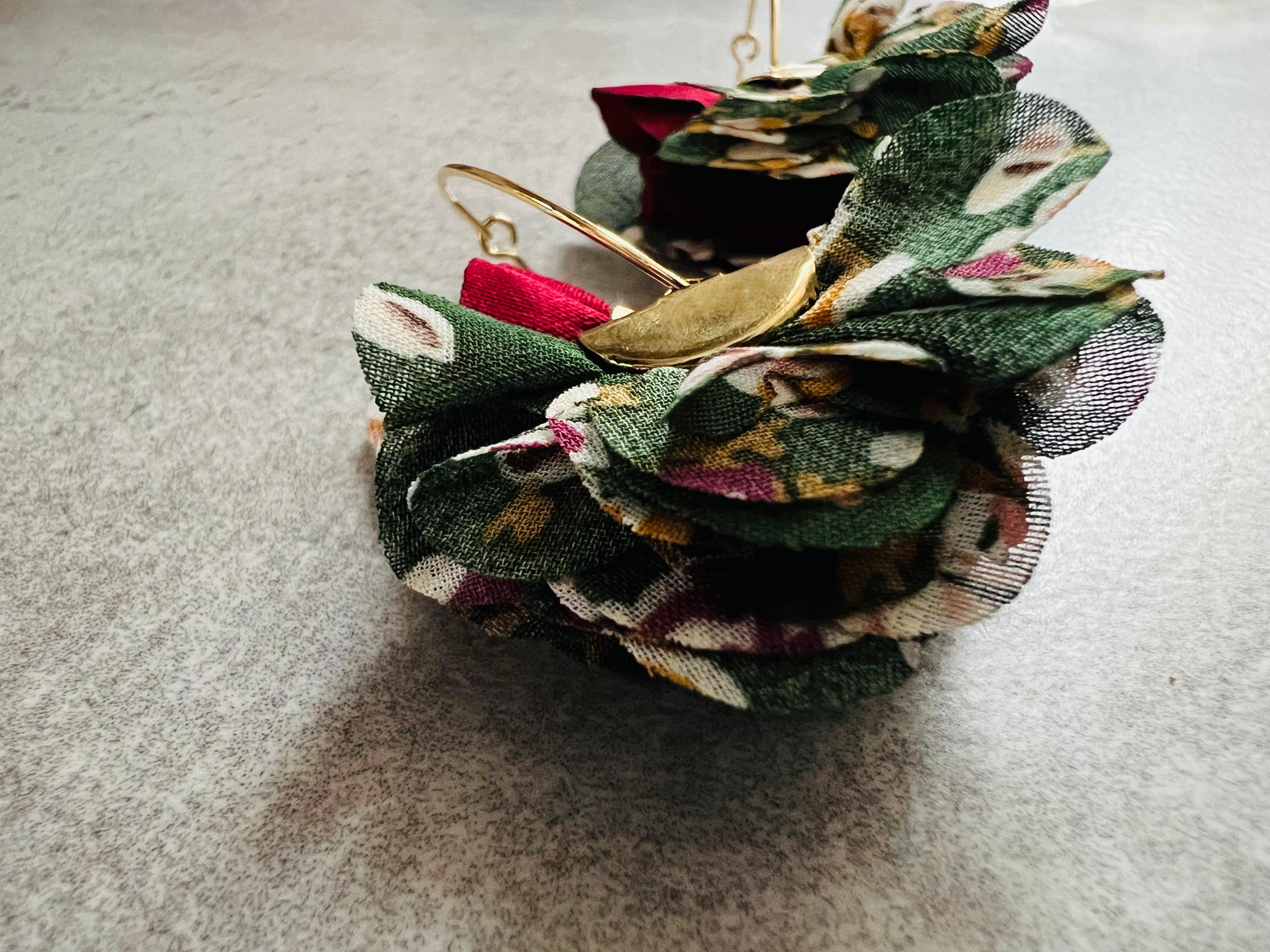 Boucles d’oreilles anneaux ovales MARIELENA pampilles tissu imprimé fleuri - Créations Uniques - Créations Uniques