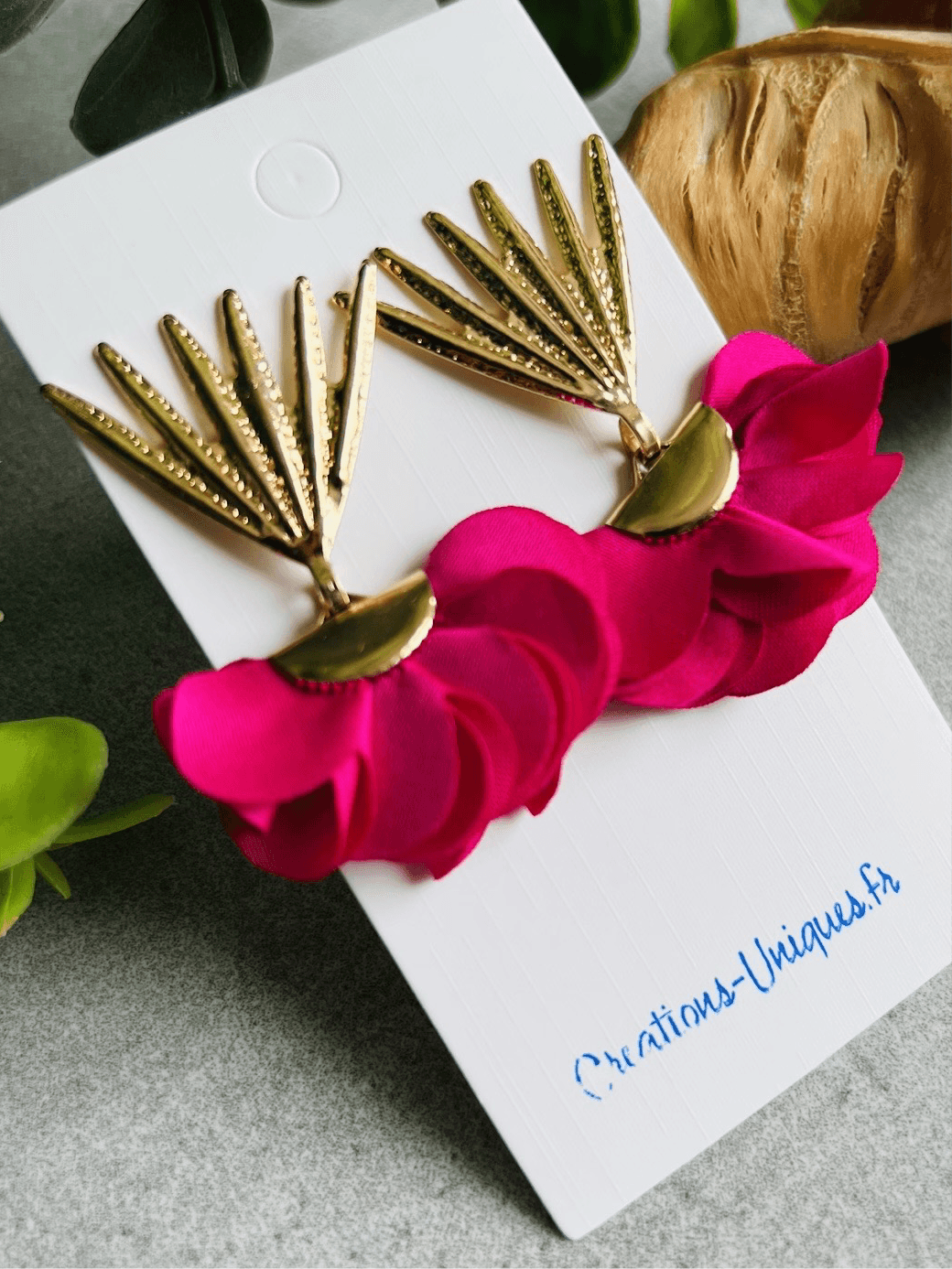 Boucles d’oreilles JACQUELINE pampilles tissu Fushia - Créations Uniques - Créations Uniques