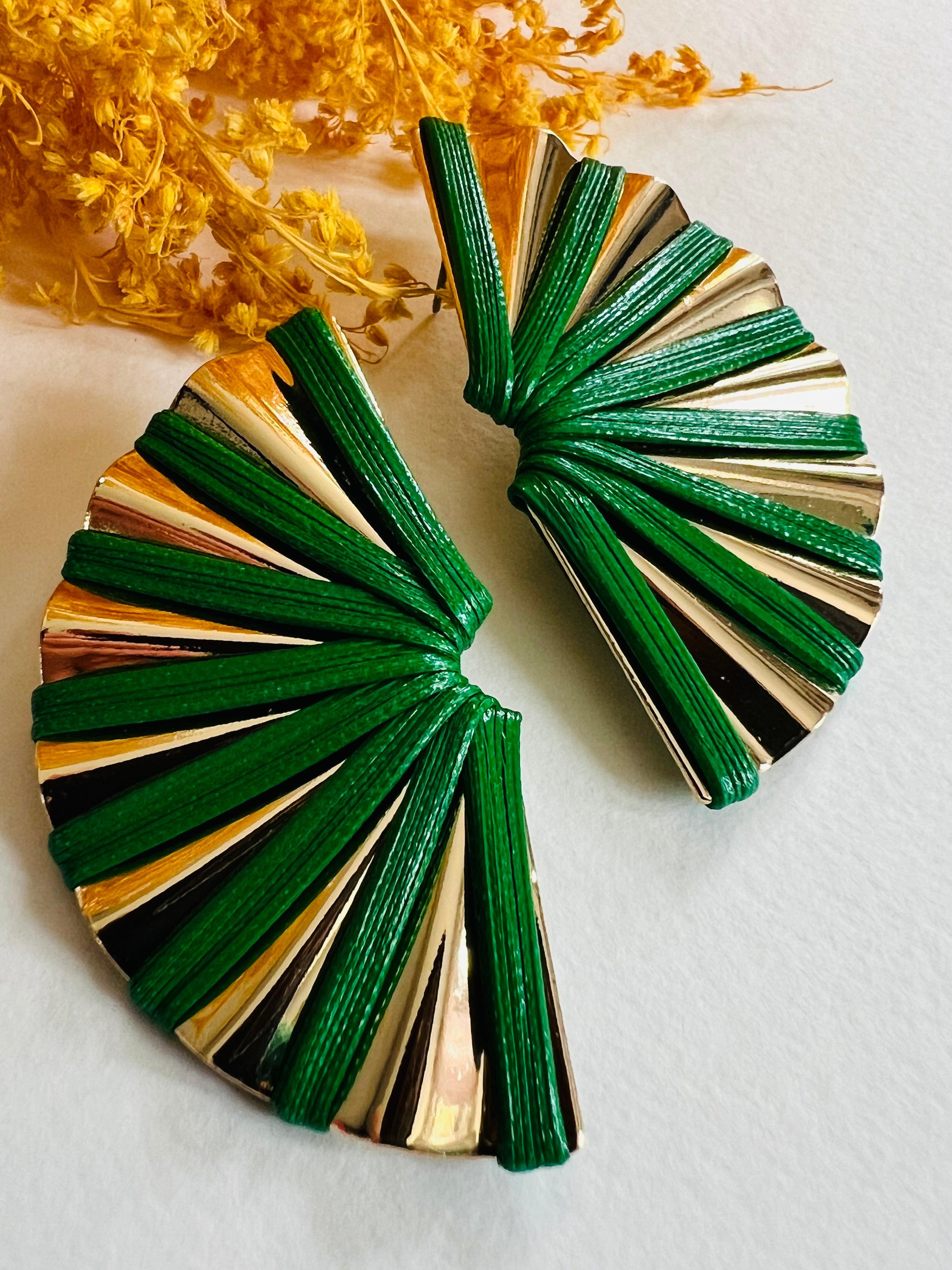 Boucles d’oreilles PENELOPE éventail vert et doré - Créations Uniques