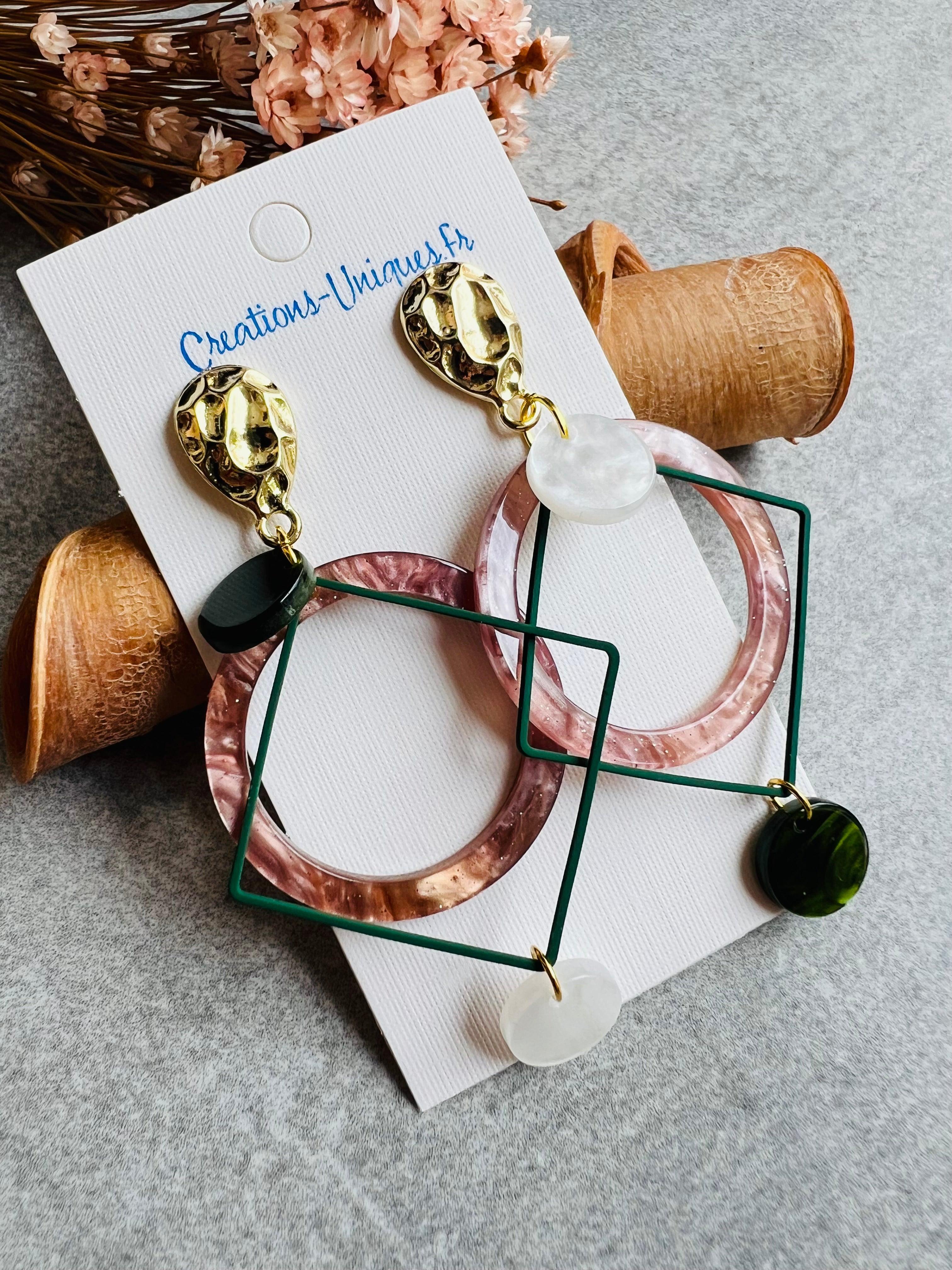 Boucles d’oreilles MARINELA losanges et résine asymétrique - Créations Uniques - Créations Uniques