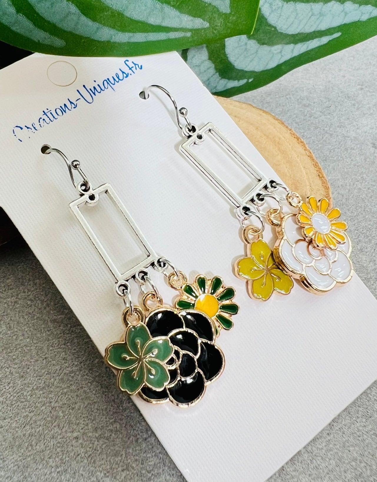 Boucles d’oreilles AURIANA asymétriques fleurs multicolores - Créations Uniques - Créations Uniques