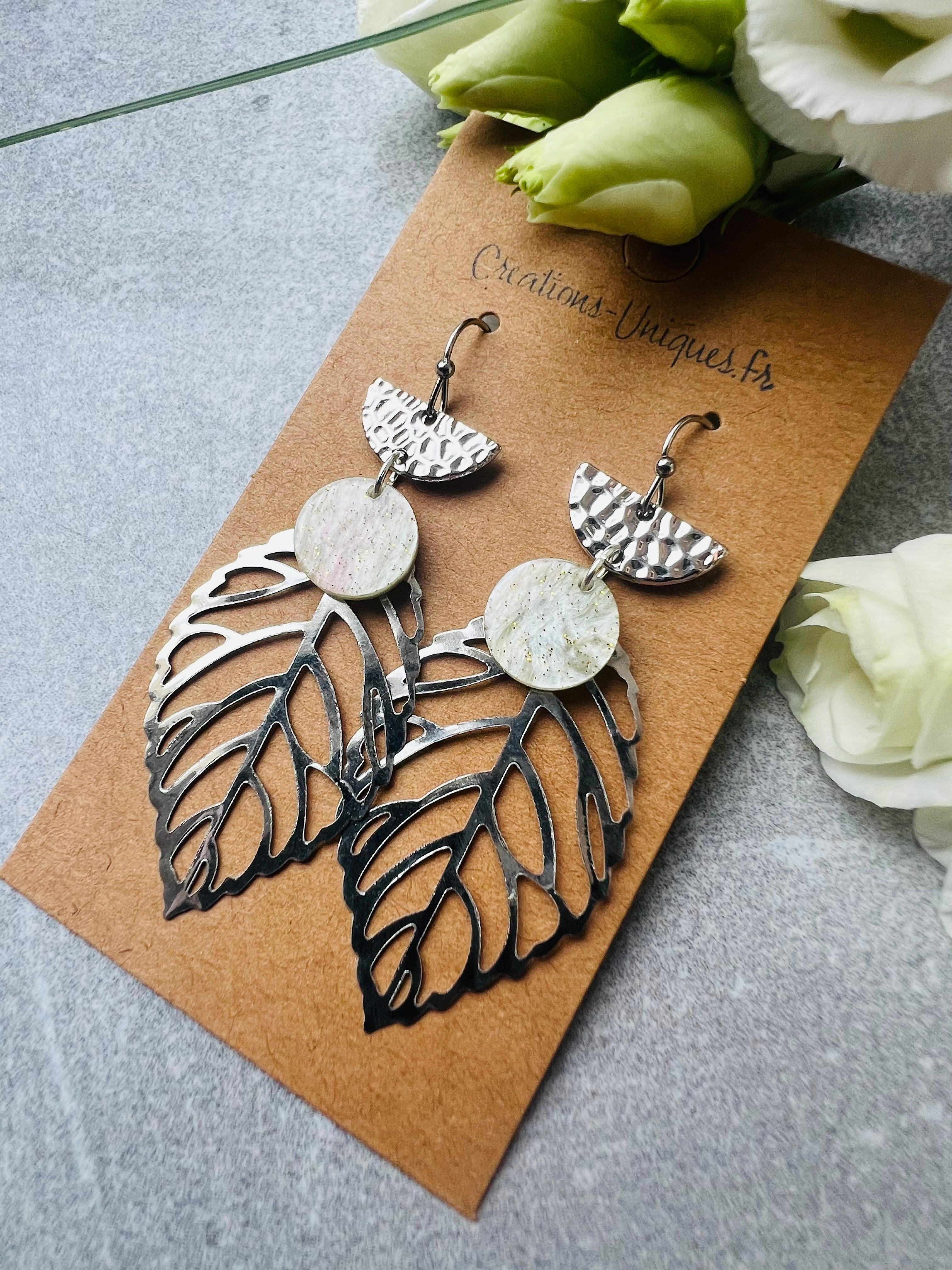Boucles d’oreilles SHERRY feuilles argentées - Créations Uniques - Créations Uniques