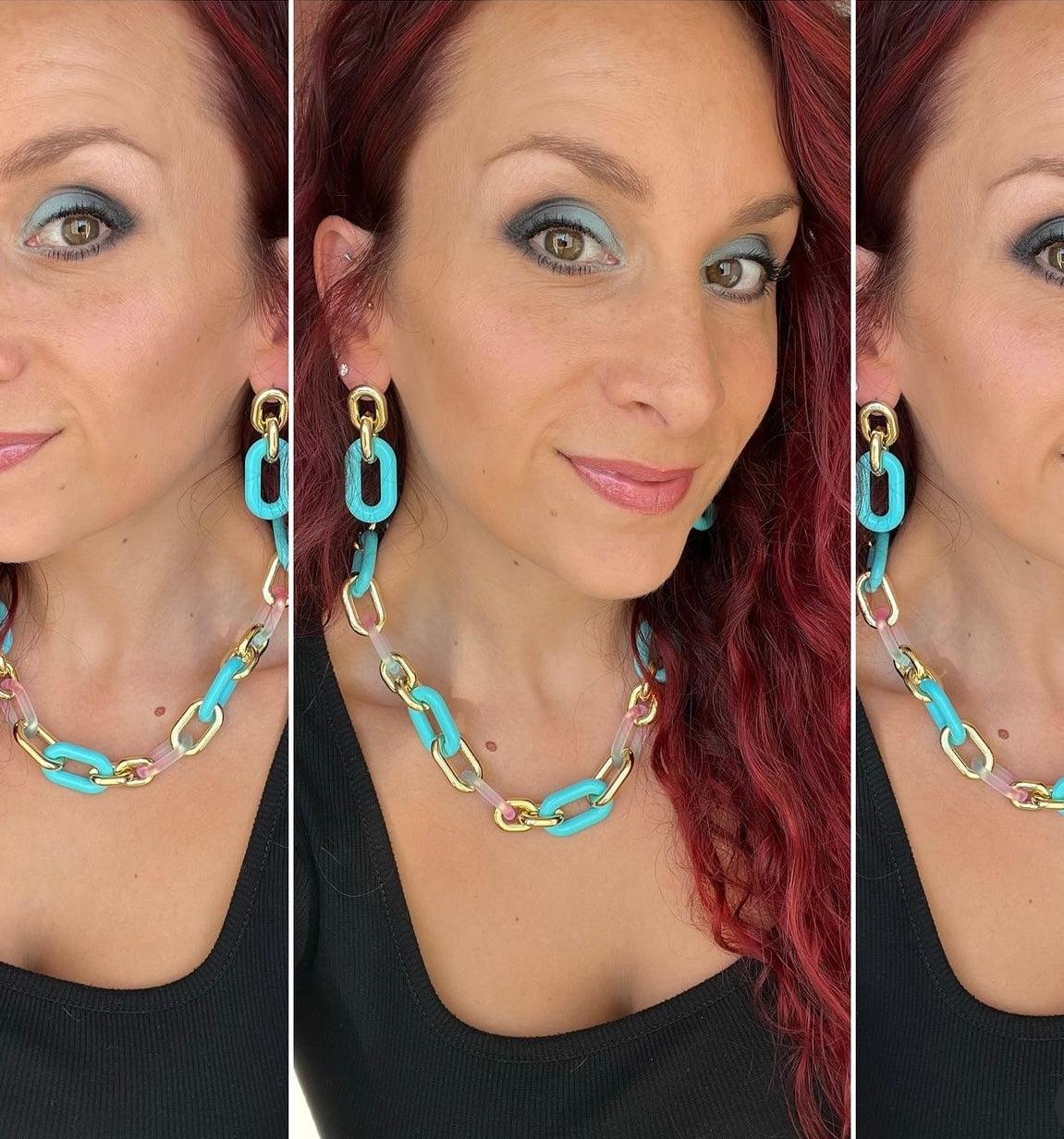 Parure BARBARA maillons bleus et dorés. Collier, bracelet et boucles assorties. - Créations Uniques