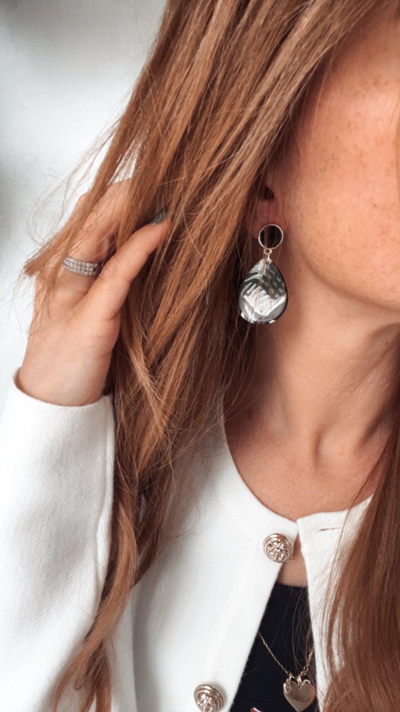 Boucles d’oreilles AUGUSTINE gouttes resine noir et blanc - Créations Uniques - Créations Uniques