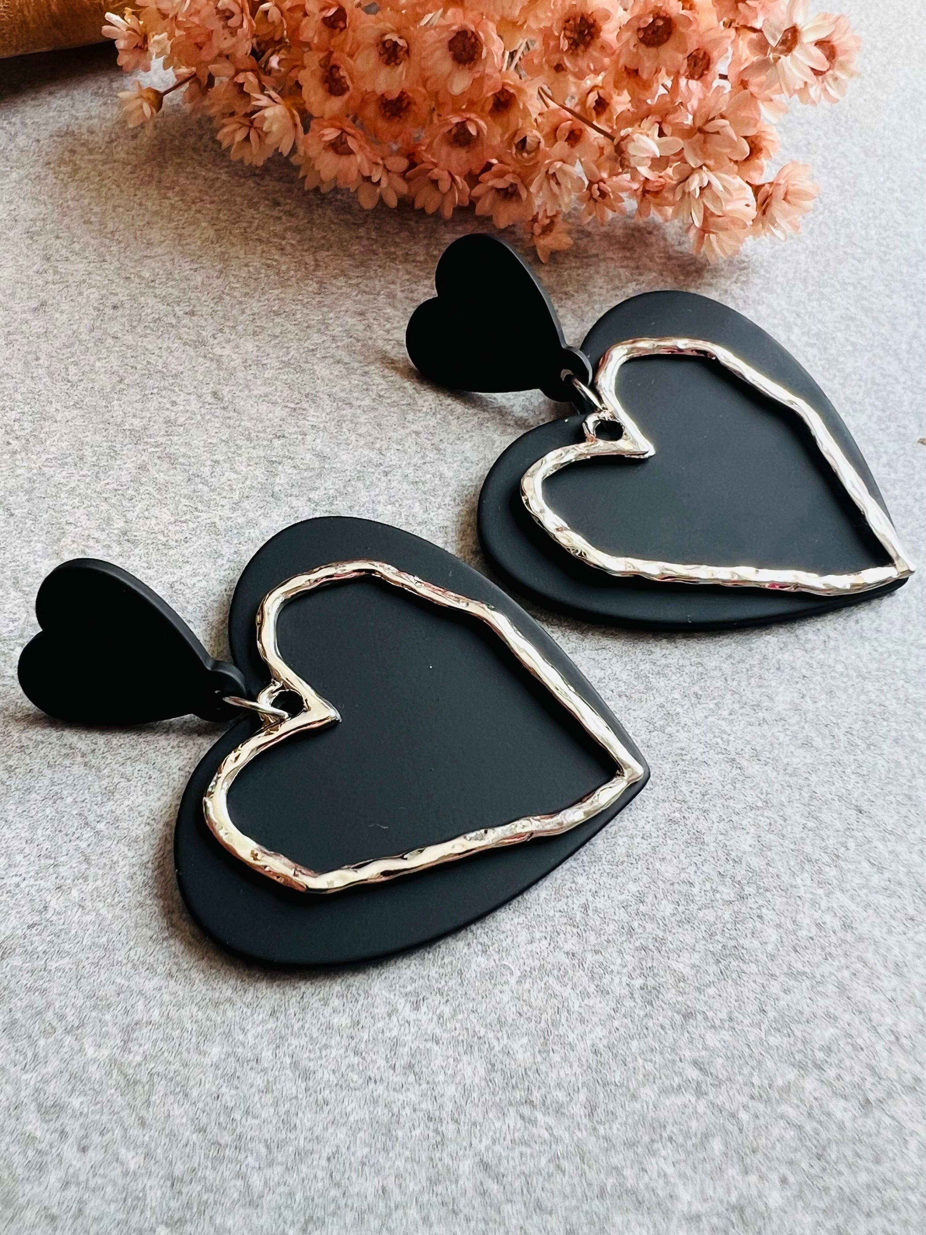 Boucles d’oreilles BROOKLYN cœurs noirs et argentés- Créations Uniques - Créations Uniques