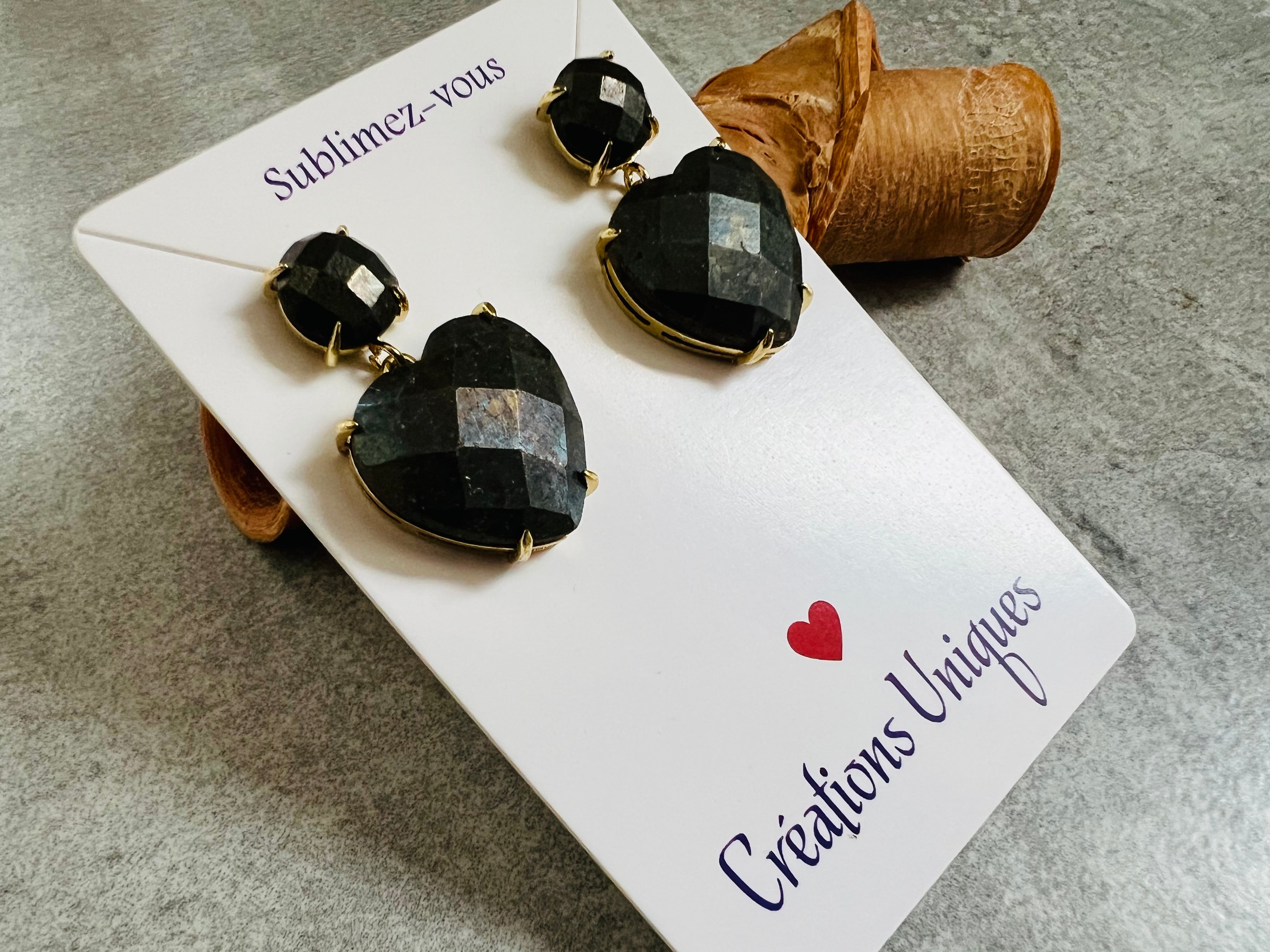 Boucles d’oreilles LESLIE cœurs gris foncé - Créations Uniques