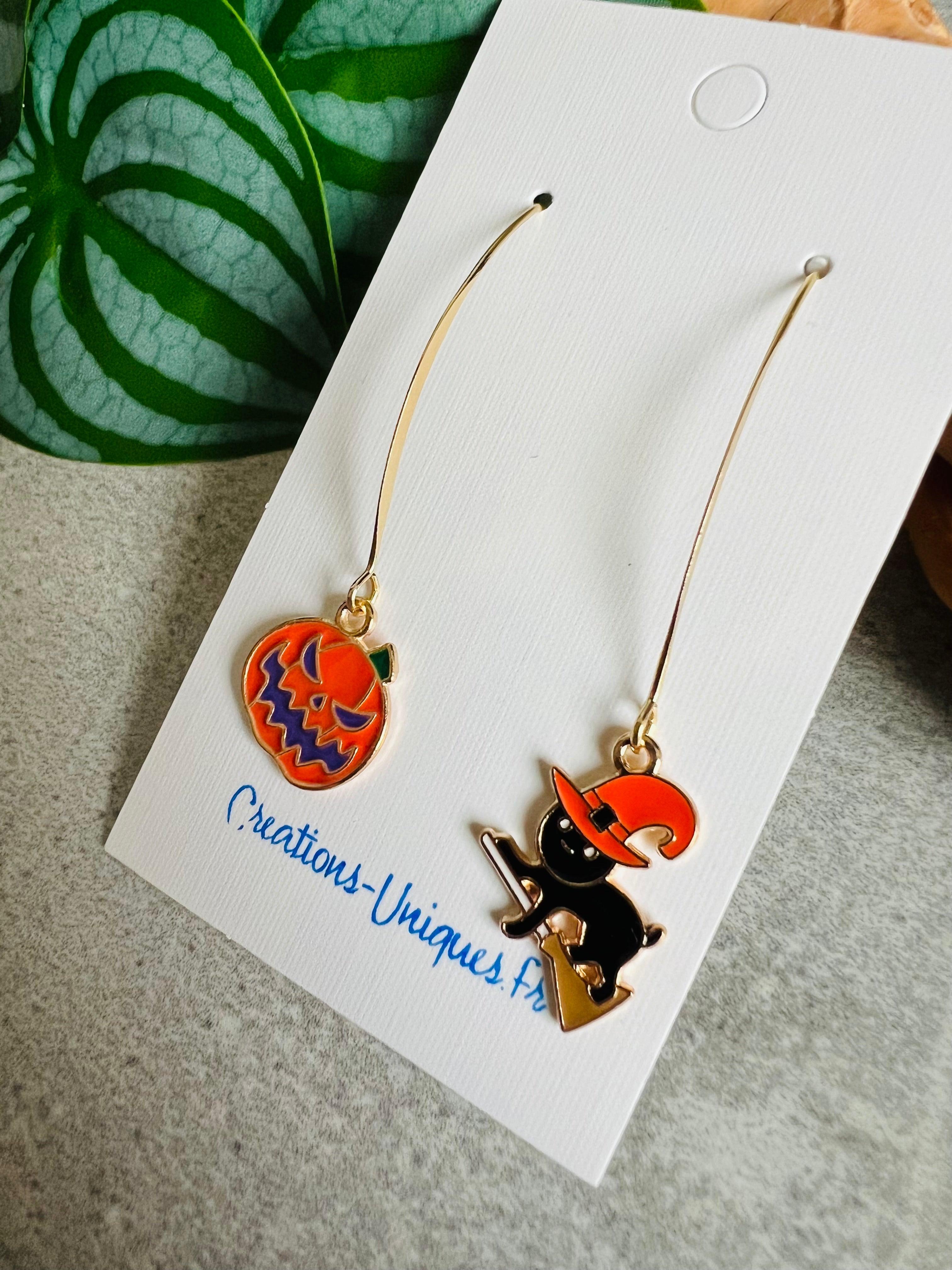 Boucles d’oreilles HALLOWEEN asymétriques oranges et rouges - Créations Uniques - Créations Uniques