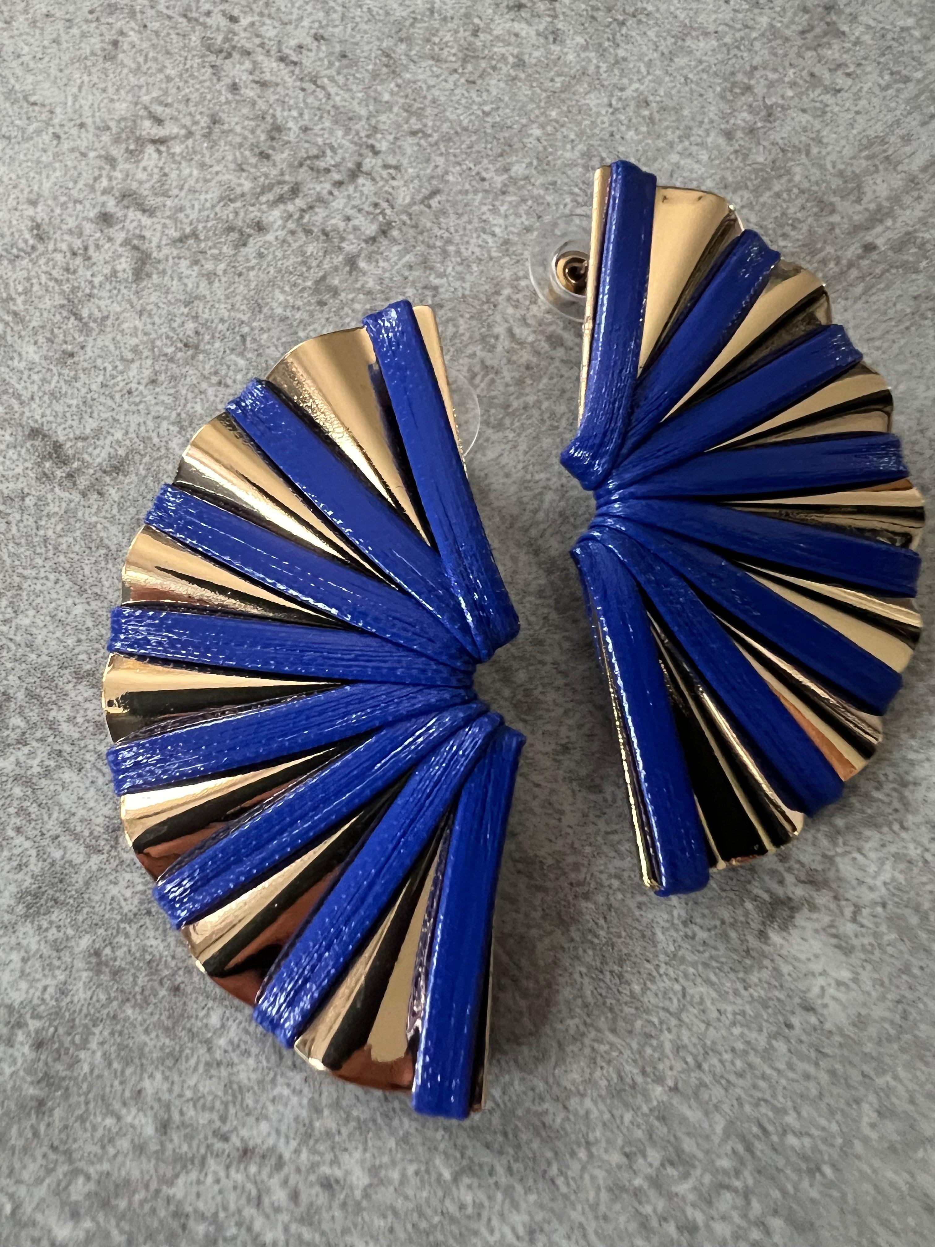 Boucles d’oreilles PENELOPE éventail bleu et doré - Créations Uniques