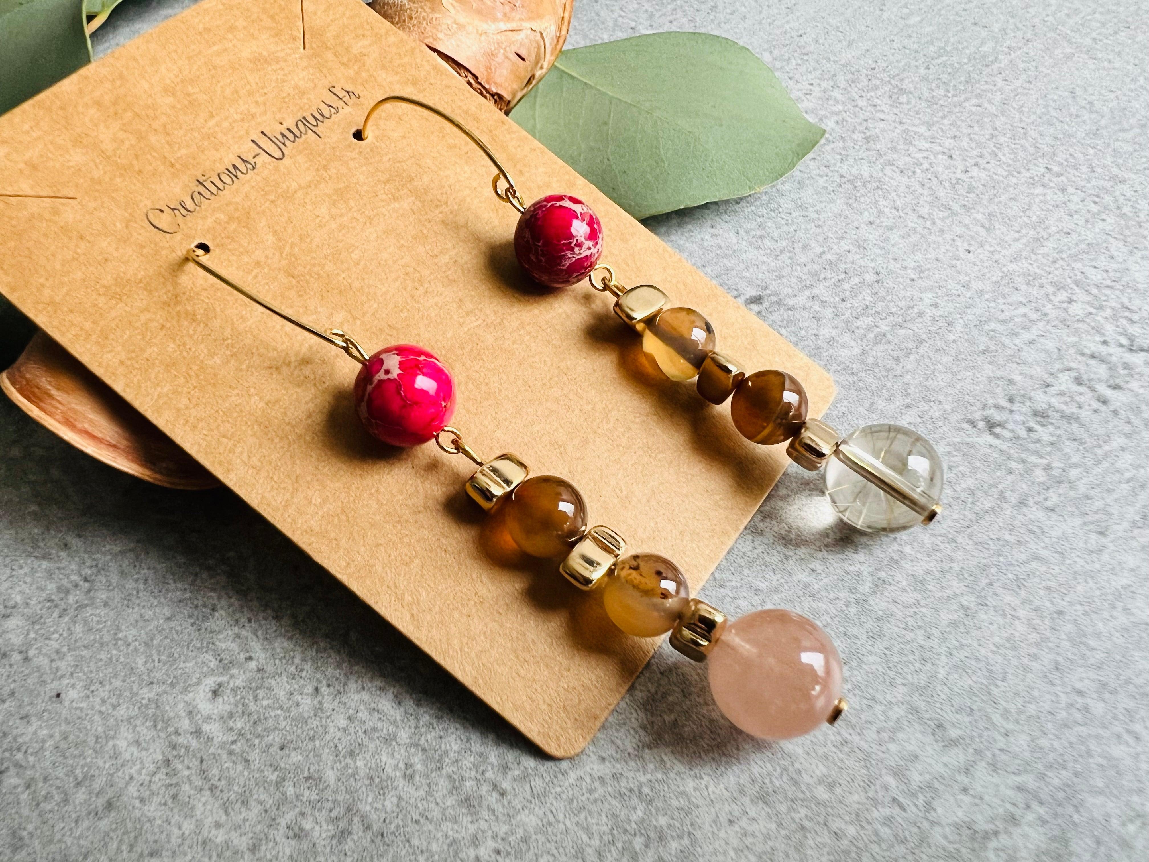 Boucles d’oreilles TERRY perles touche framboise - Créations Uniques - Créations Uniques