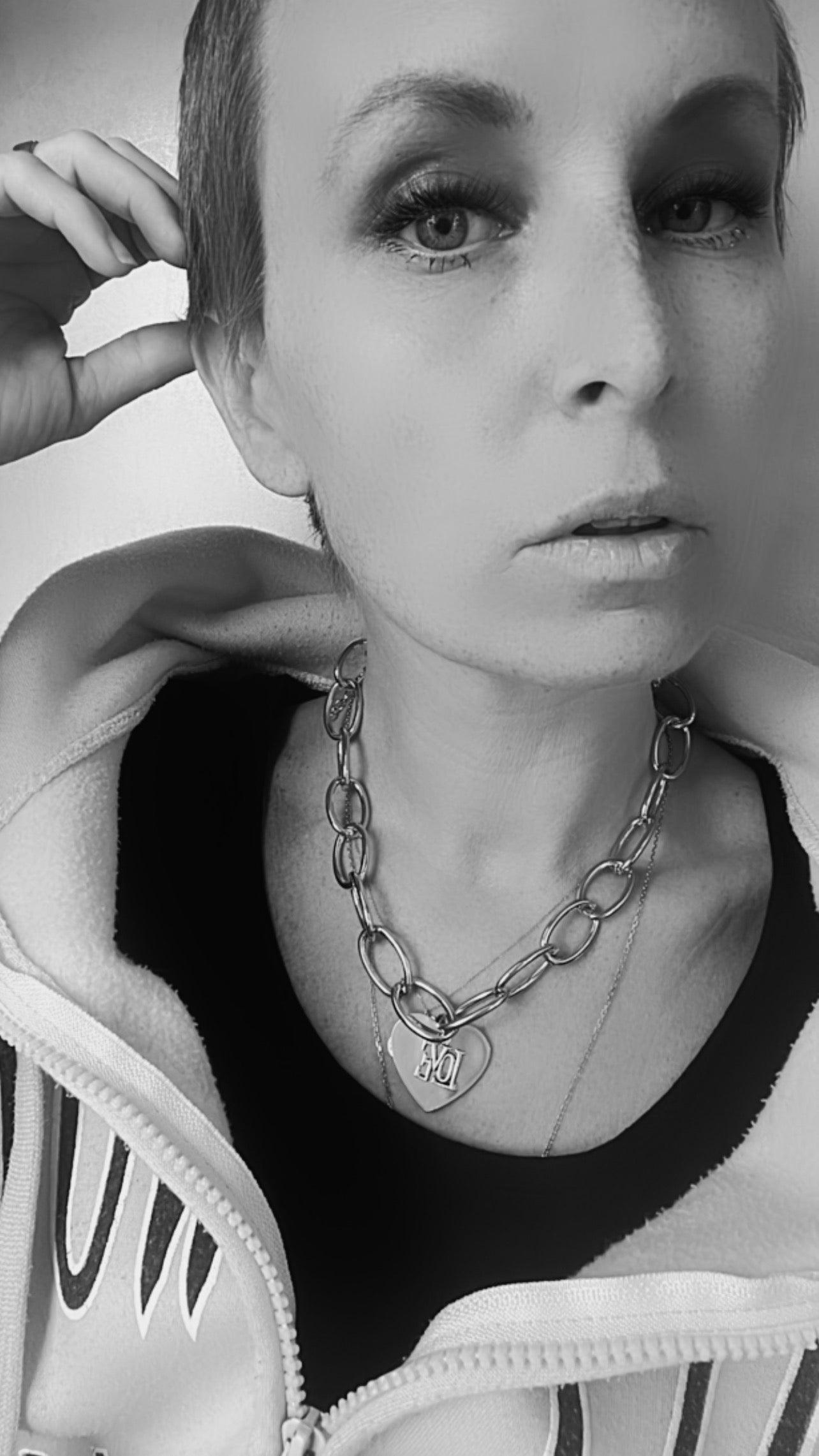 Collier CASSIE pendentif cœur et love superposés, chaîne gris maillons , acier inoxydable - Créations Uniques - Créations Uniques