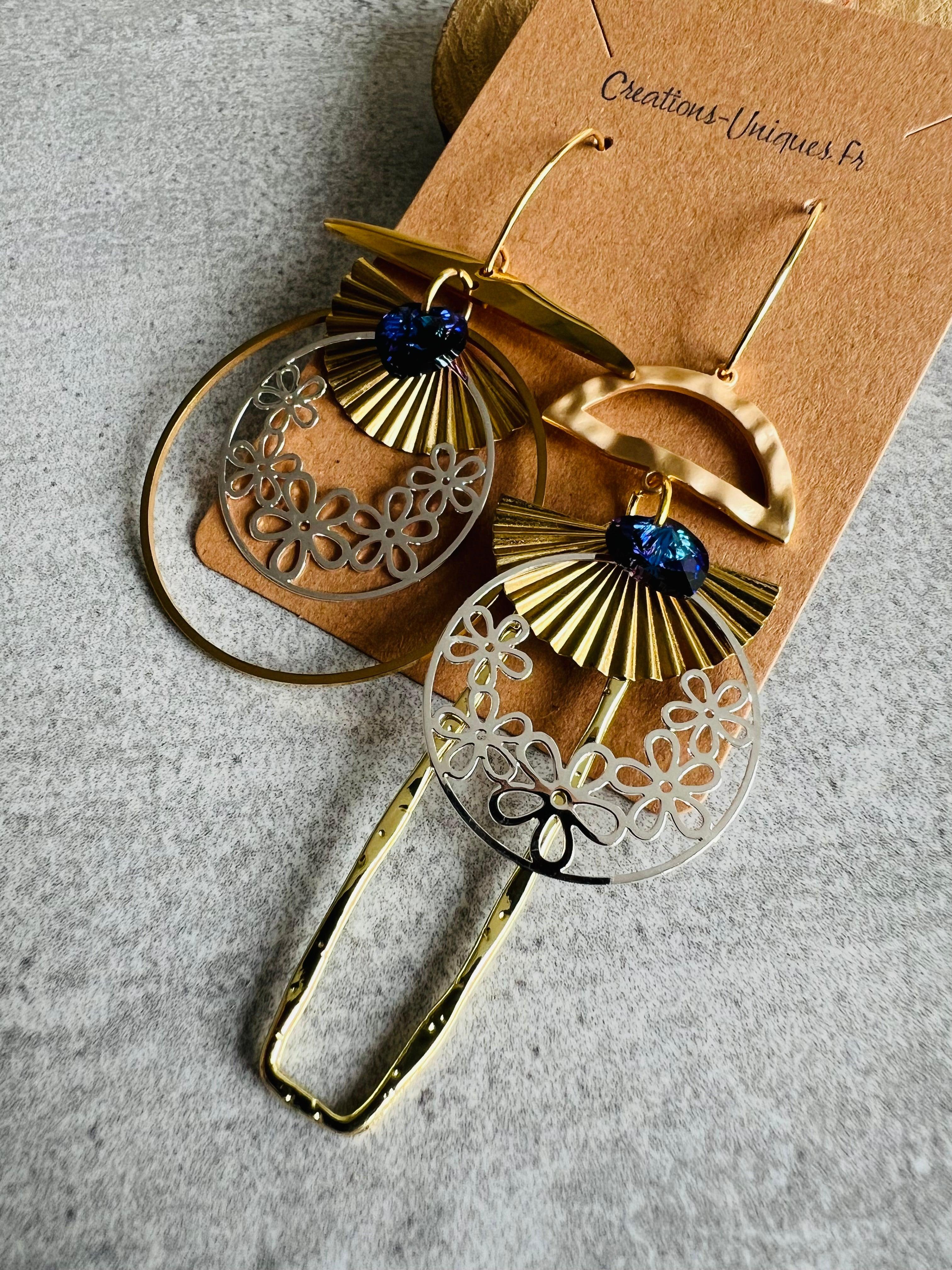 Boucles d’oreilles asymétriques ANNIE ronds et rectangles dorés - Créations Uniques - Créations Uniques