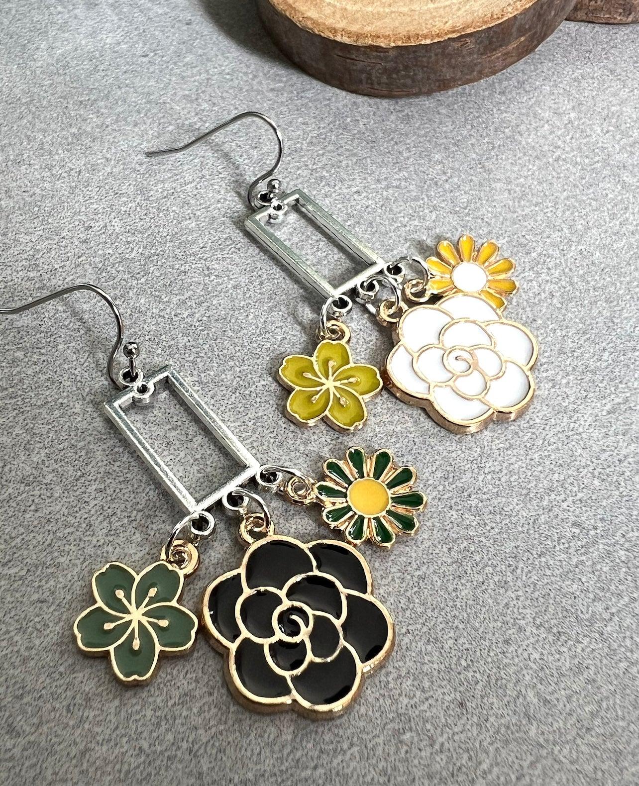 Boucles d’oreilles AURIANA asymétriques fleurs multicolores - Créations Uniques - Créations Uniques