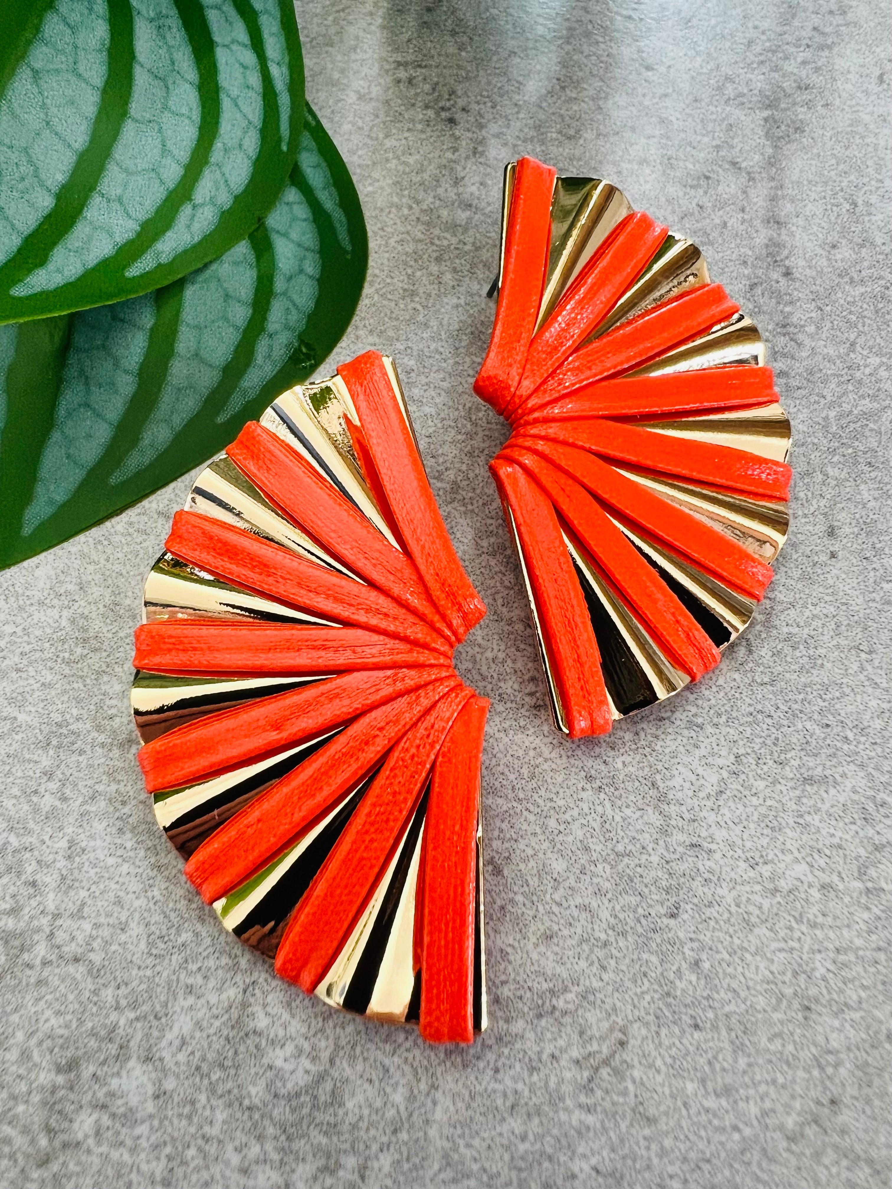 Boucles d’oreilles PENELOPE éventail orange et doré - Créations Uniques