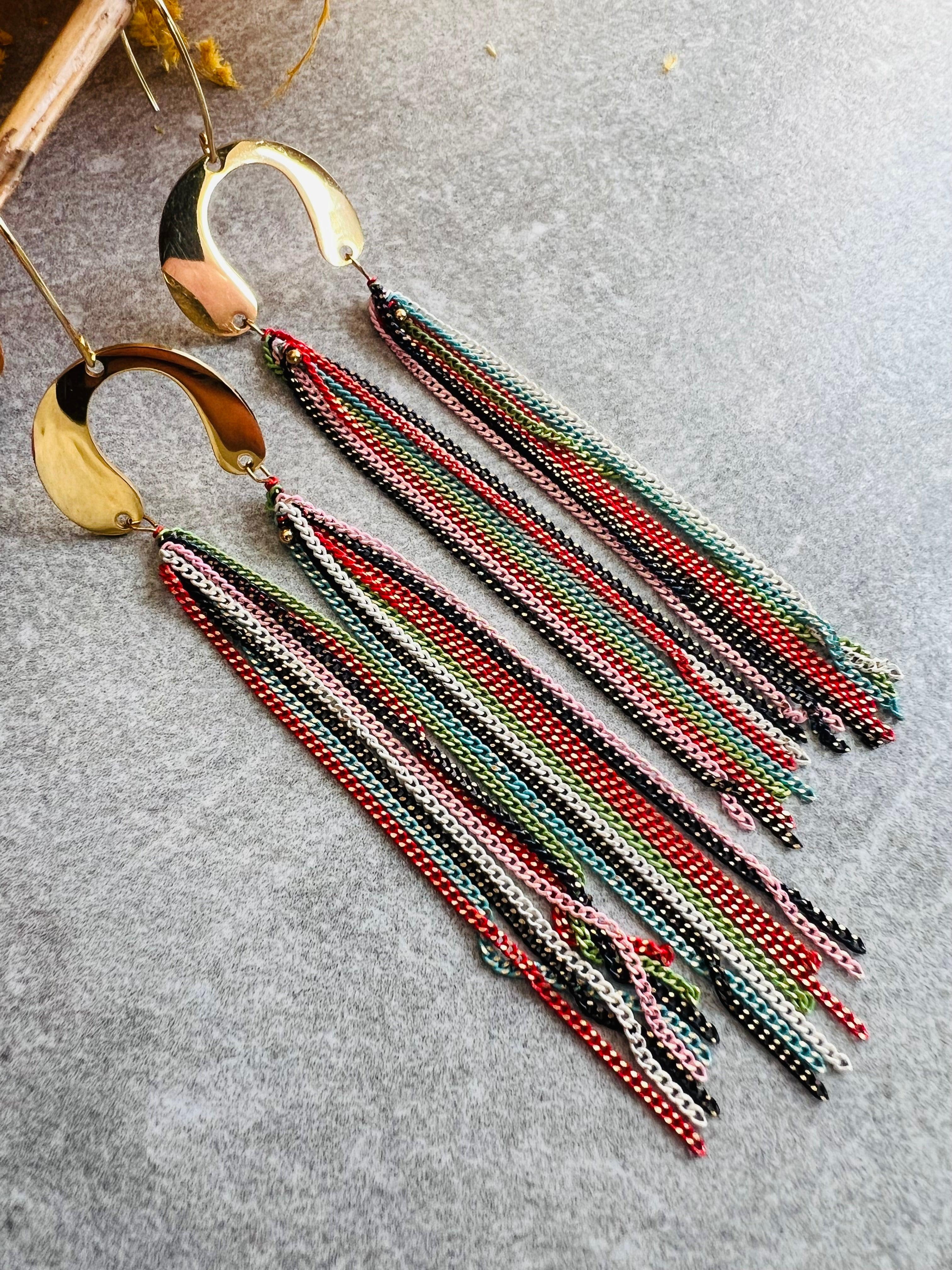 Boucles d’oreilles PRUNE chaînes fines multicolores - Créations Uniques