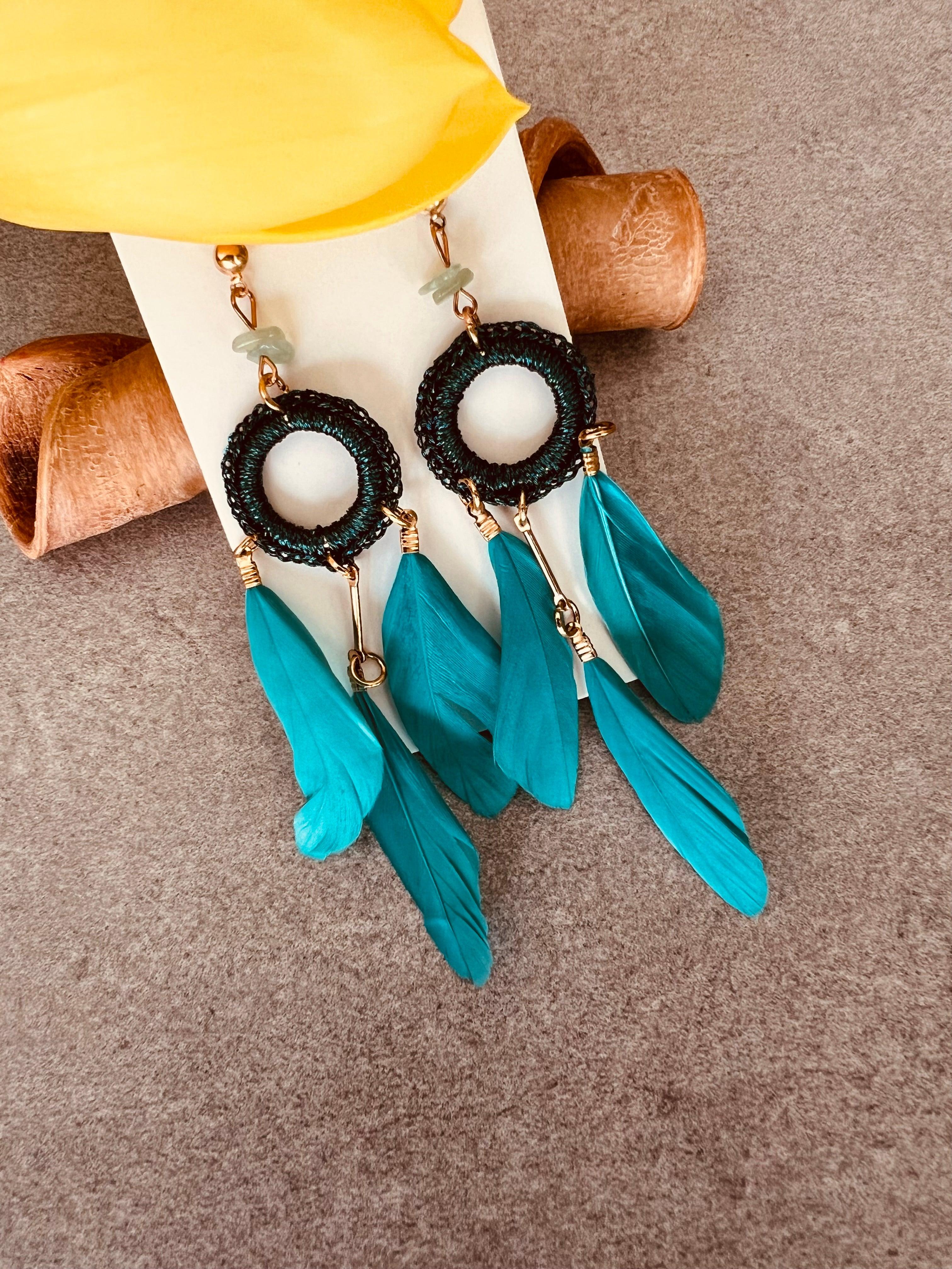 Boucles d’oreilles LIZA longues plumes turquoise - Créations Uniques