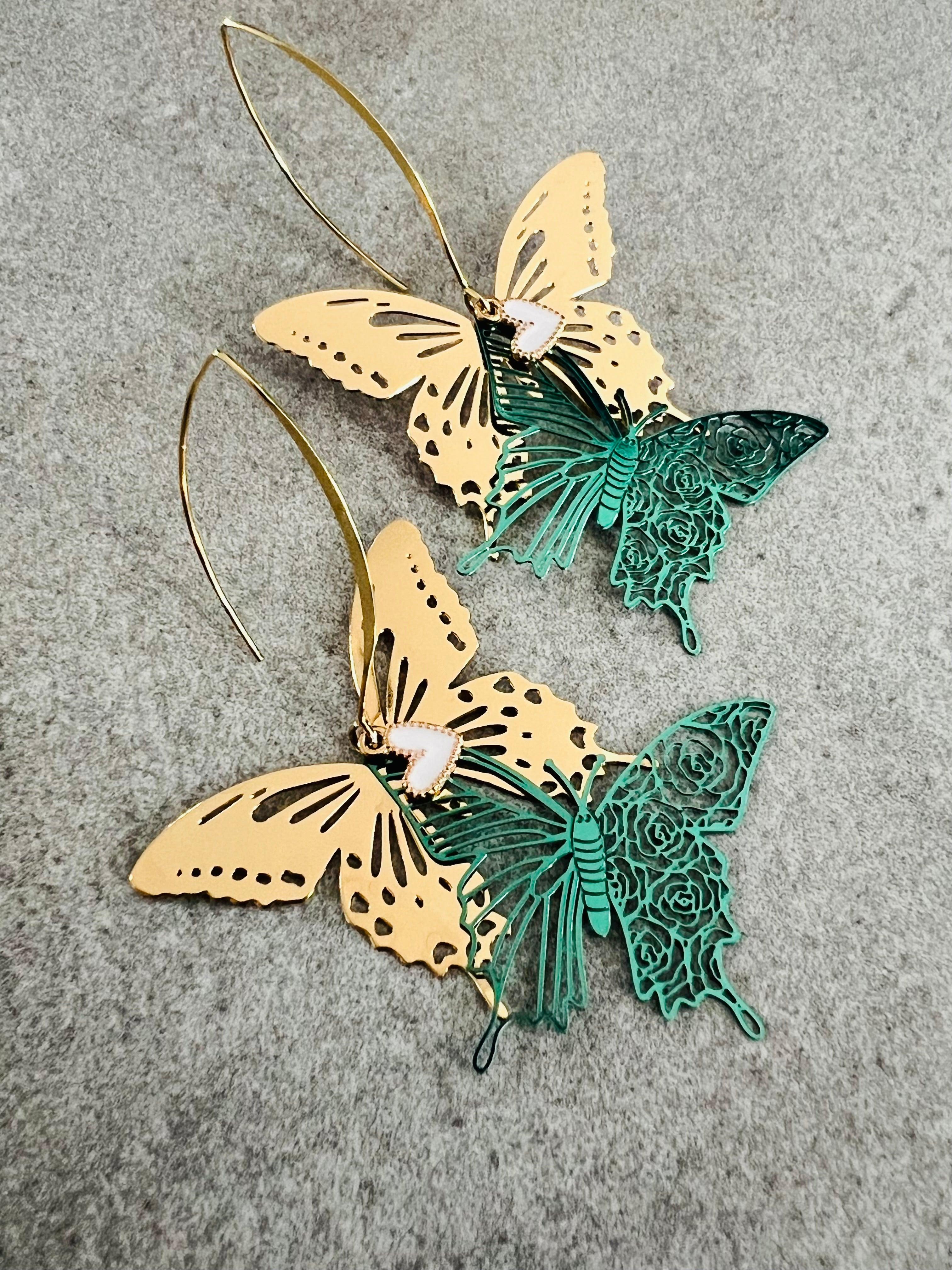Boucles d’oreilles MIRABEL papillons verts et dorés - Créations Uniques - Créations Uniques