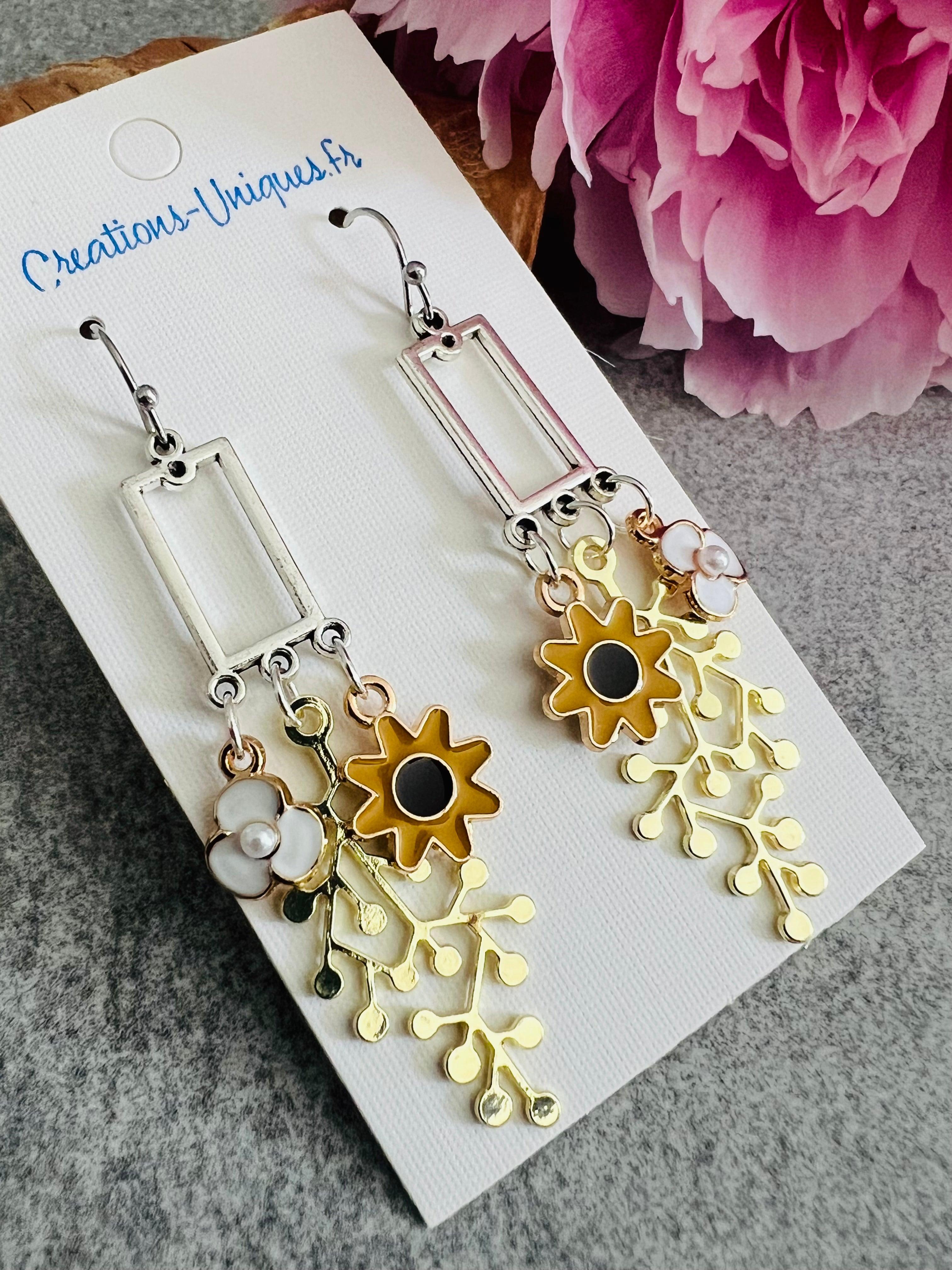 Boucles d’oreilles AURIANA feuillage doré et fleurs - Créations Uniques - Créations Uniques