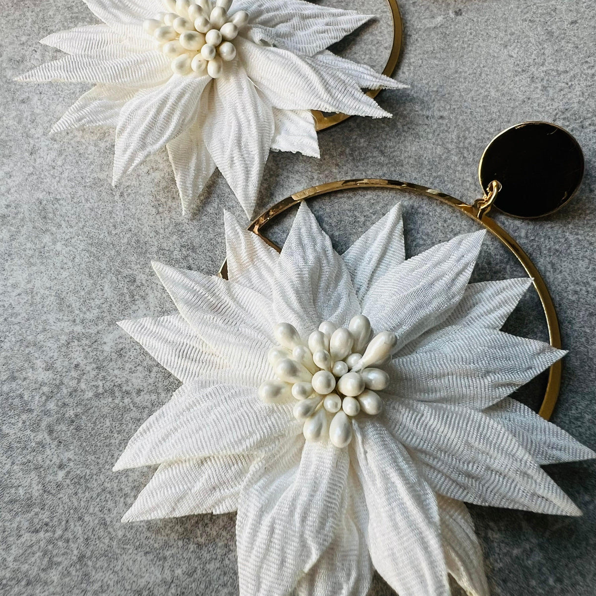 Boucles d’oreilles JEMMA grand modèle fleurs blanches tissu - Créations Uniques