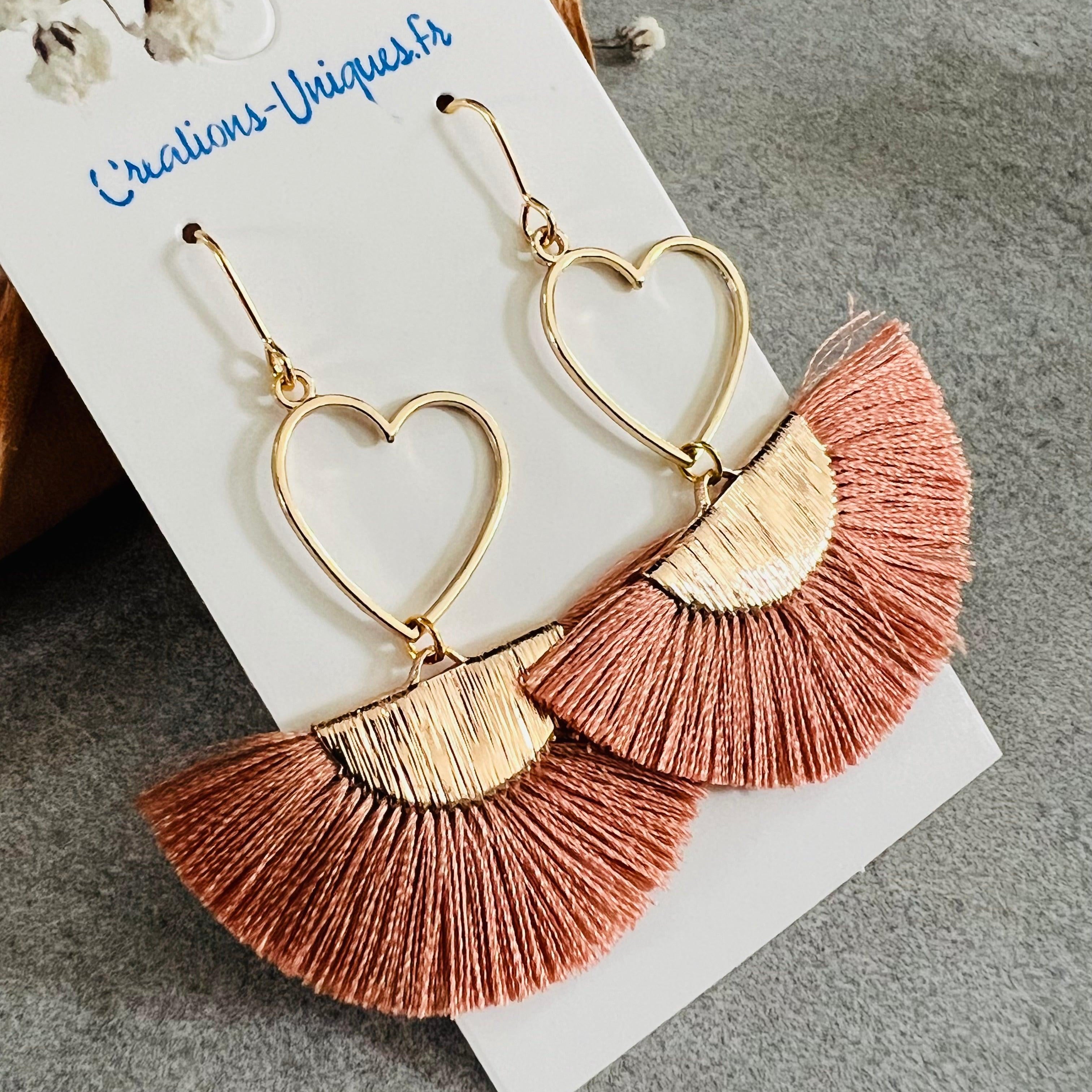 Boucles d’oreilles MARYLAUR cœurs dorés et éventail terracotta - Créations Uniques - Créations Uniques