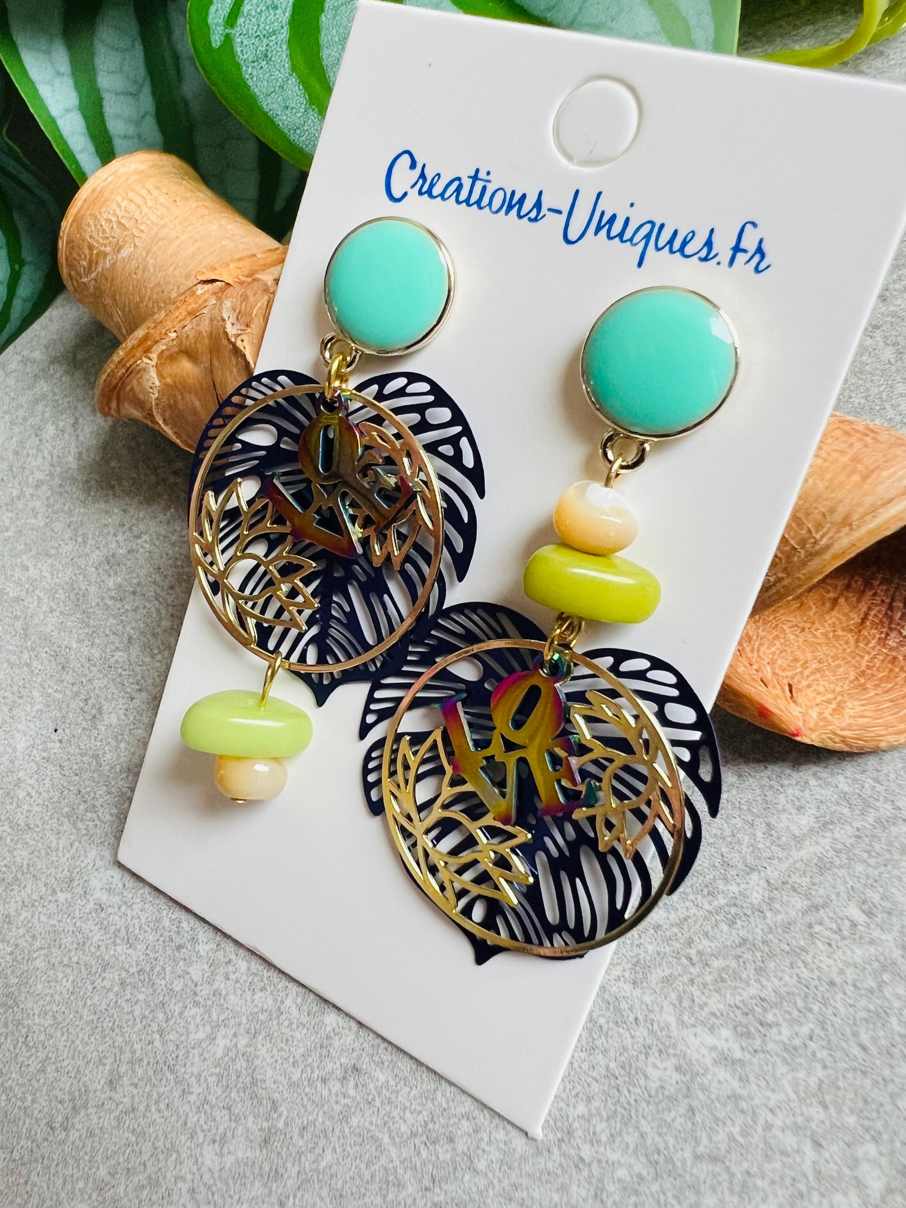 Boucles d’oreilles asymétriques love PAMELA feuilles tropicales bleues - Créations Uniques - Créations Uniques