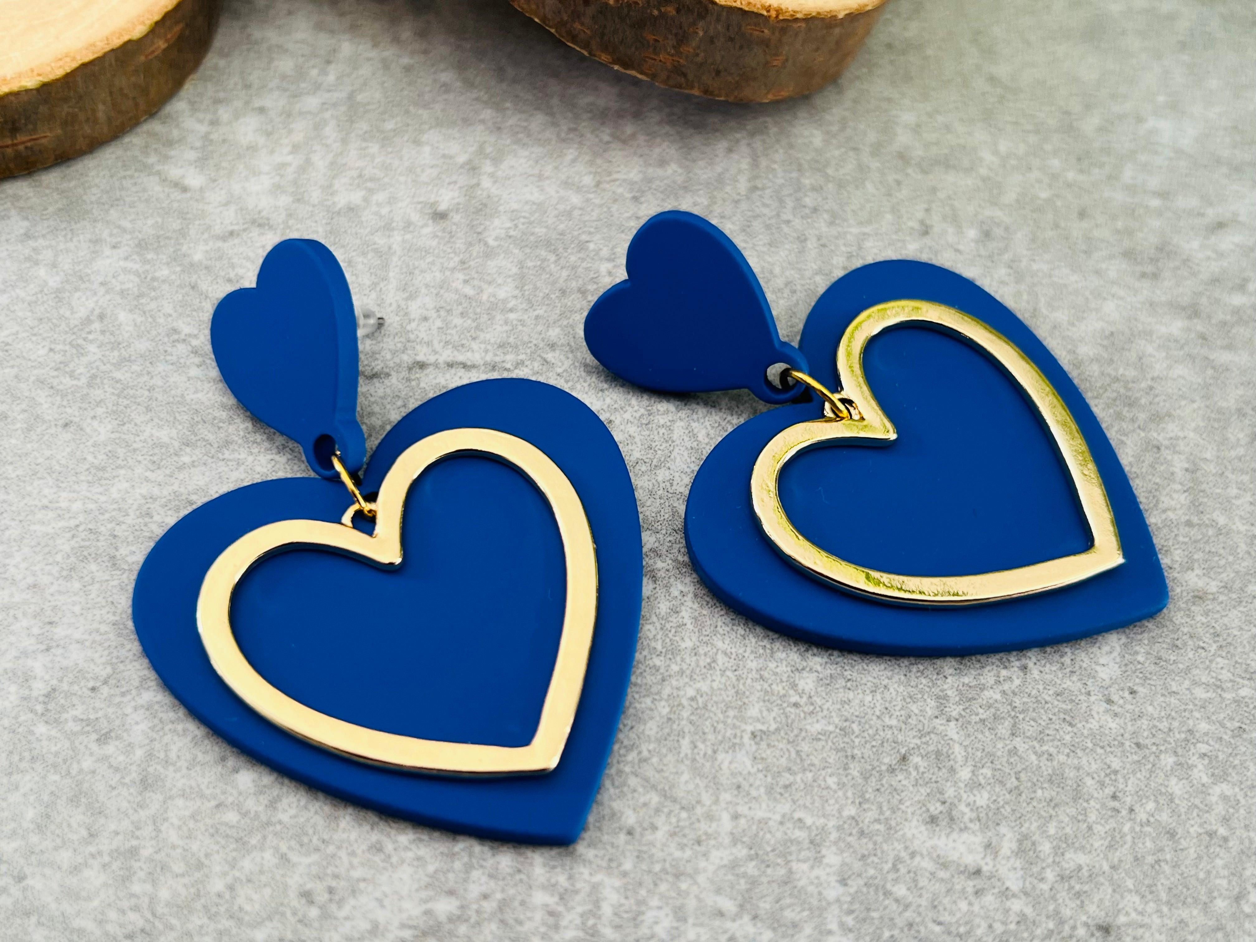 Boucles d’oreilles BROOKLYN cœurs bleu électrique et dorés - Créations Uniques - Créations Uniques