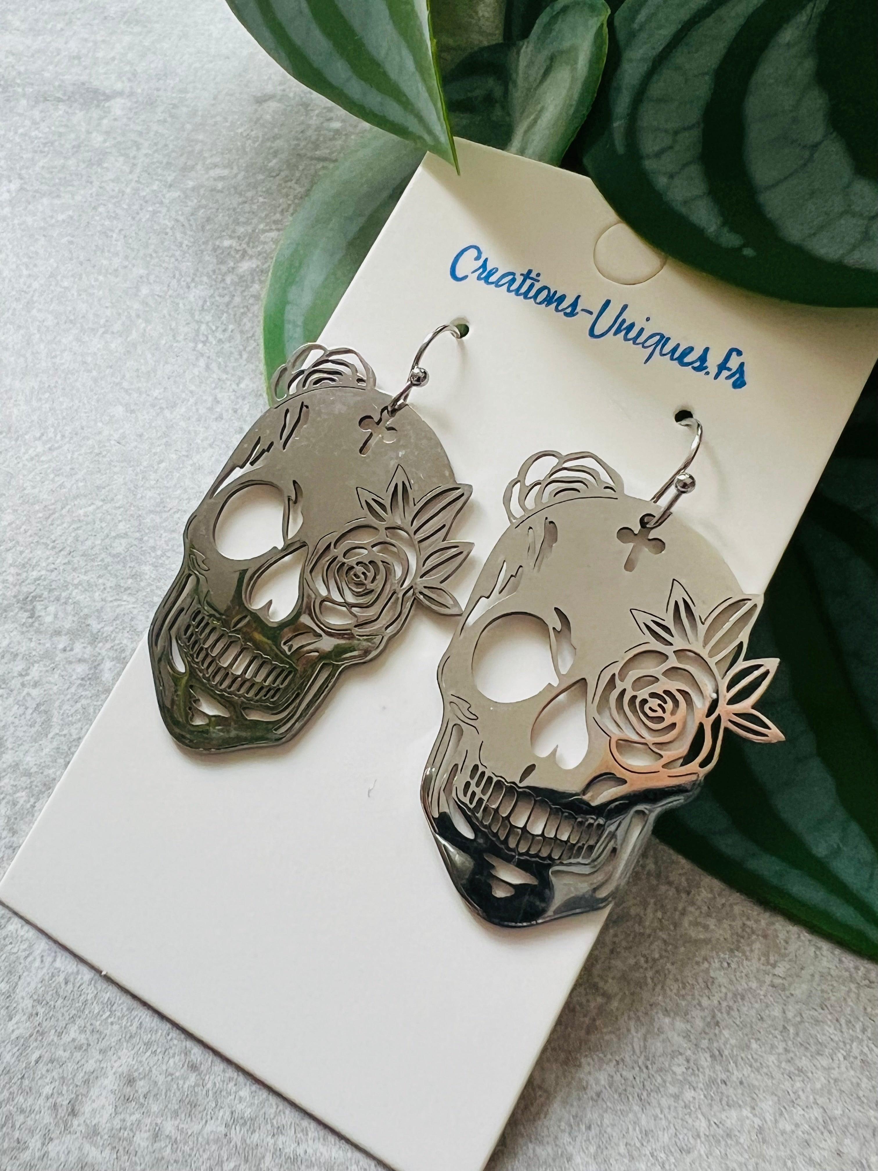 Boucles d’oreilles INGRID tête de mort mexicaine argentées - Créations Uniques - Créations Uniques