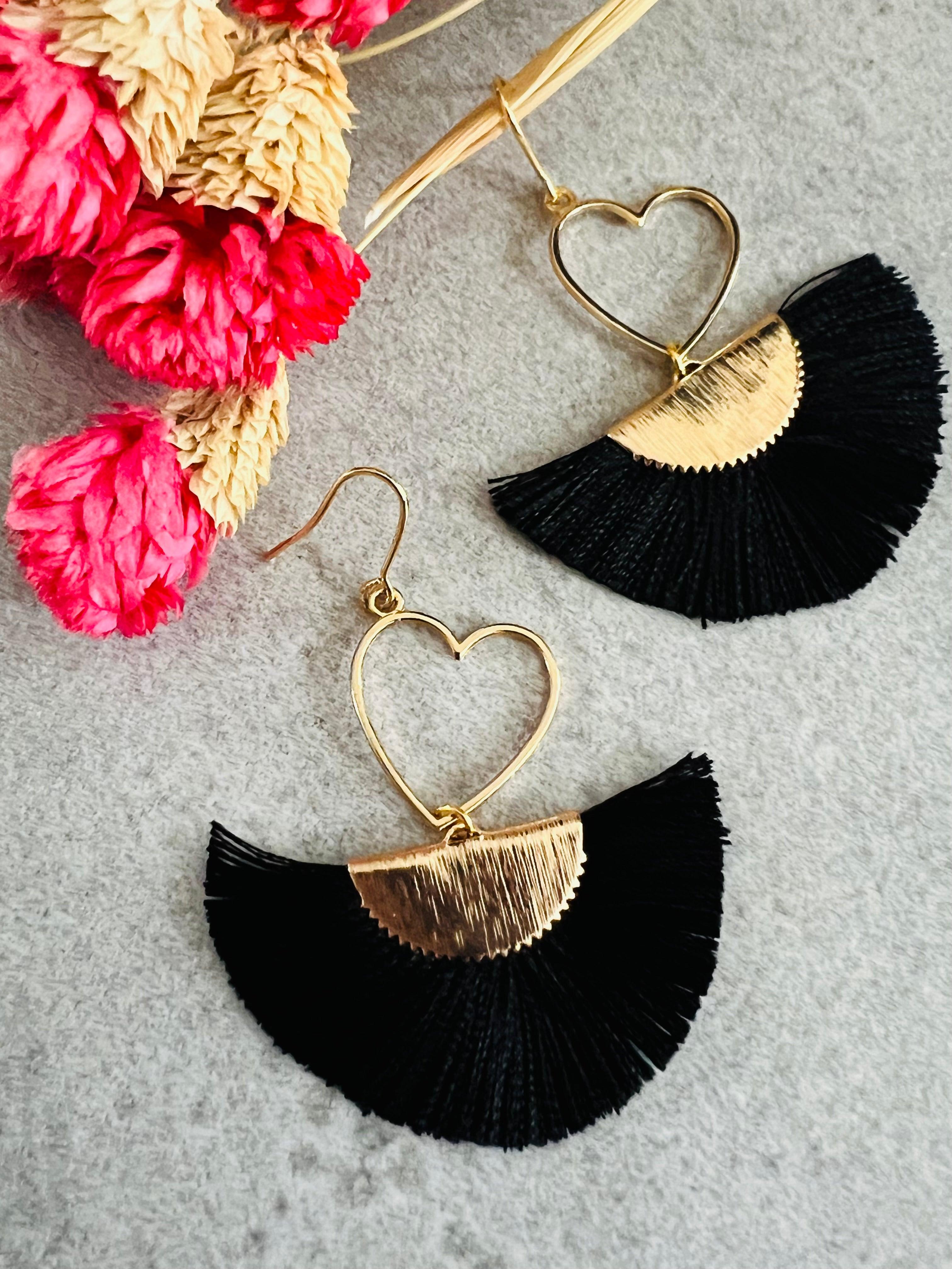 Boucles d’oreilles MARYLAUR cœurs dorés et éventail noir - Créations Uniques - Créations Uniques