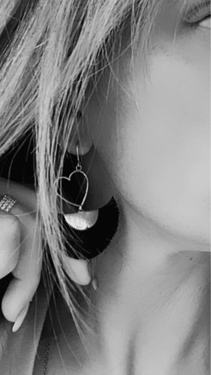 Boucles d’oreilles MARYLAUR cœurs dorés et éventail bleu pétrole - Créations Uniques - Créations Uniques