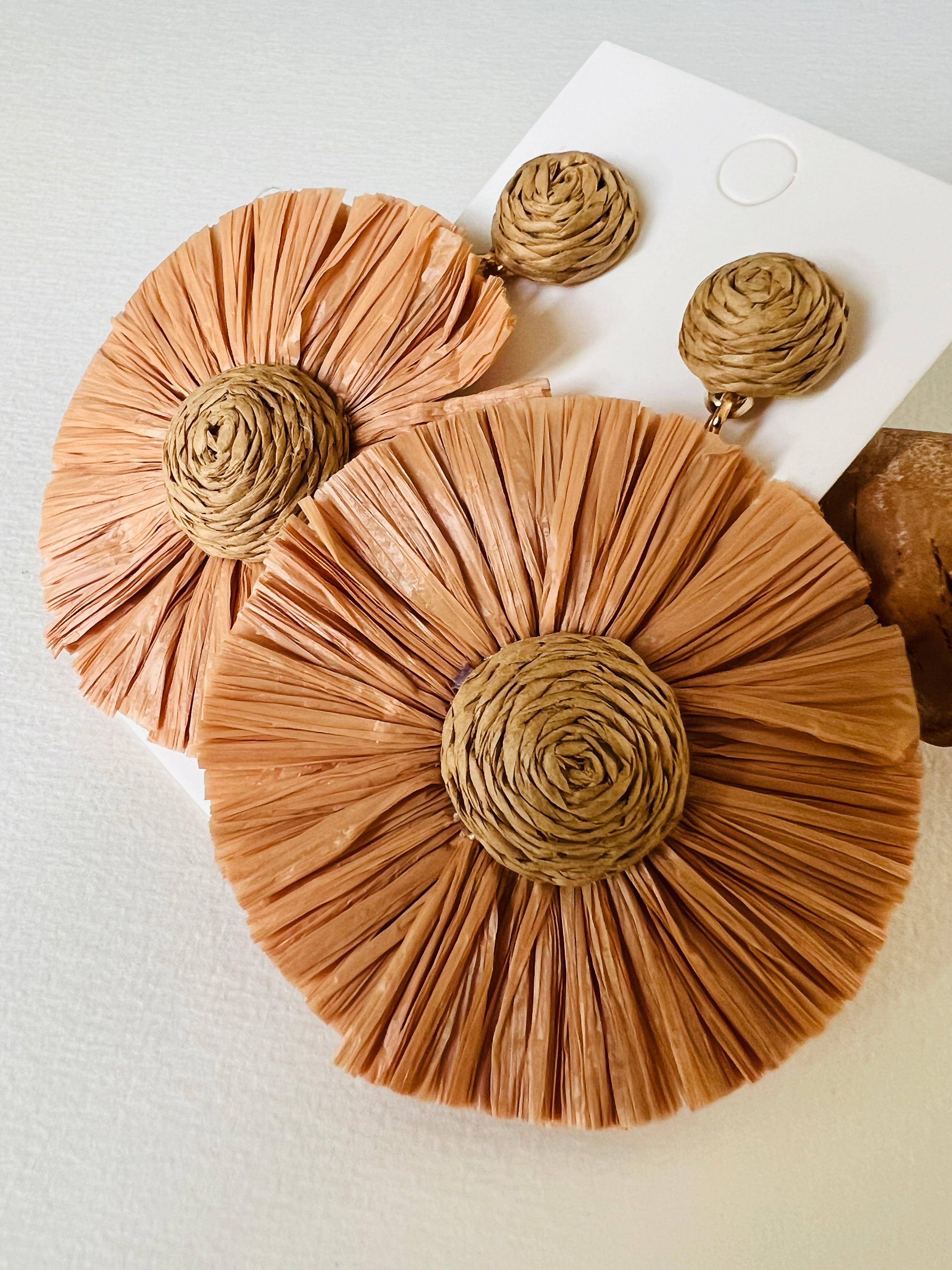 Boucles d’oreilles MOLLY raphia marron - Créations Uniques