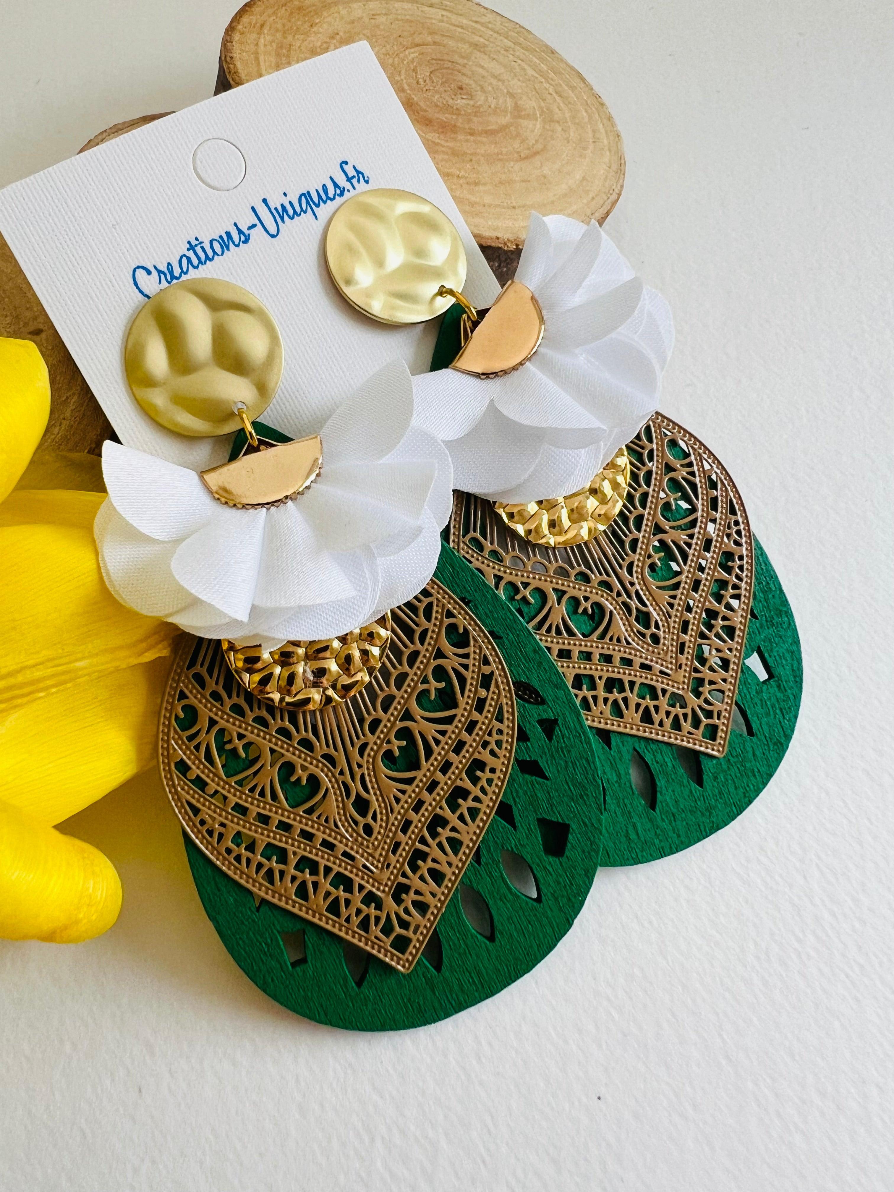 Boucles d’oreilles TELMA gouttes bois vert - Créations Uniques - Créations Uniques