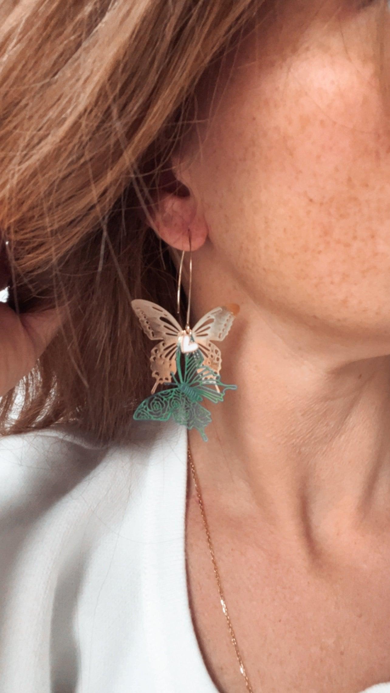 Boucles d’oreilles MIRABEL papillons verts et dorés - Créations Uniques - Créations Uniques