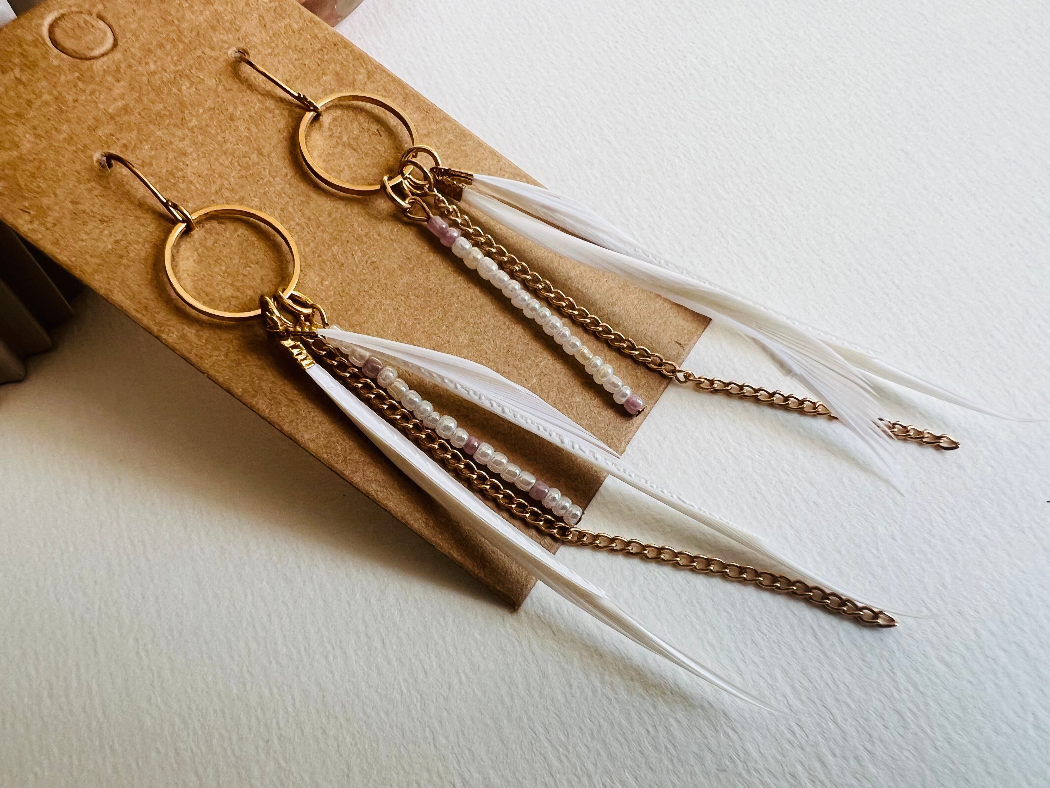 Boucles d’oreilles TANNYA fines plumes blanches - Créations Uniques