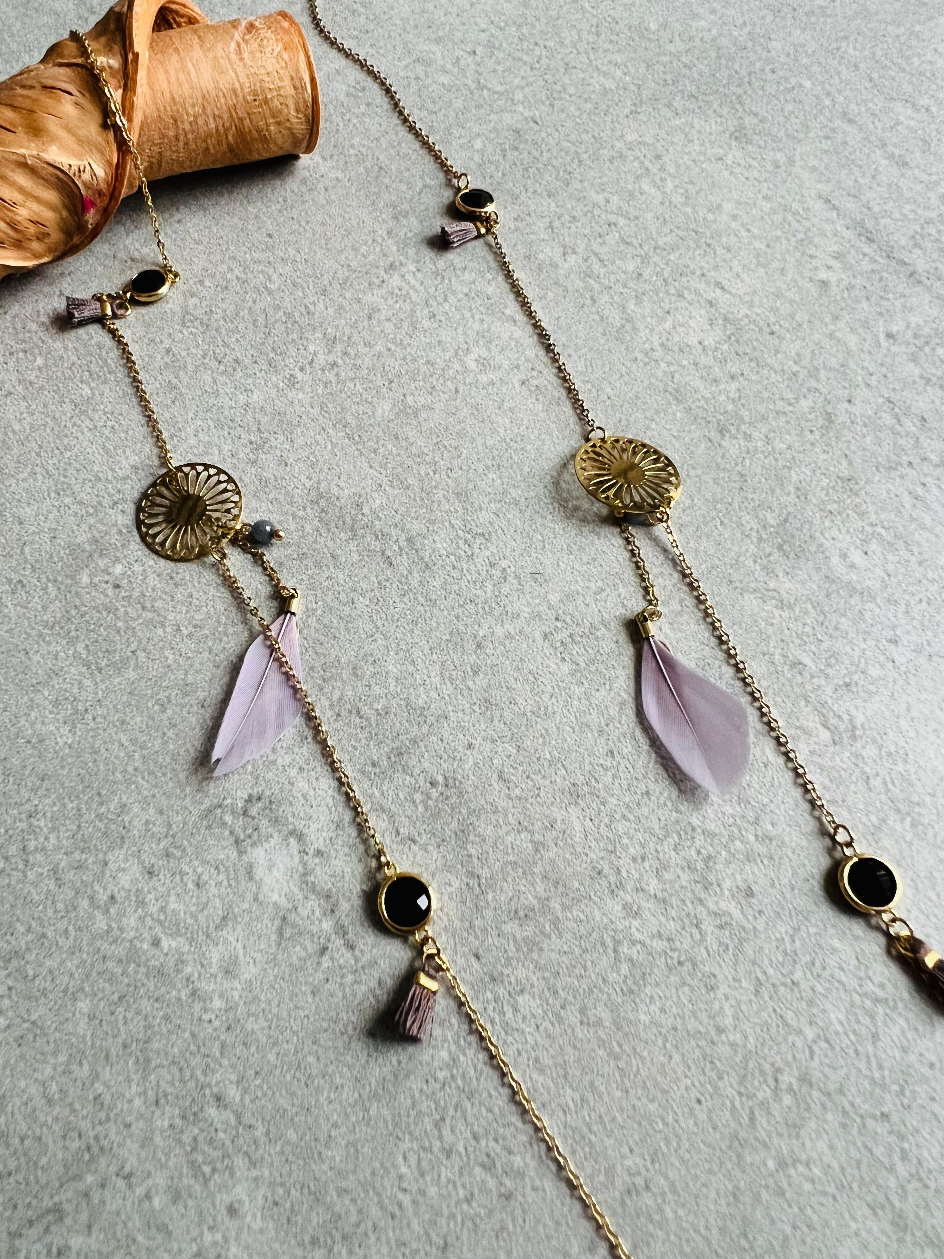 Collier MIKAELA plumes violet mauve - Créations Uniques