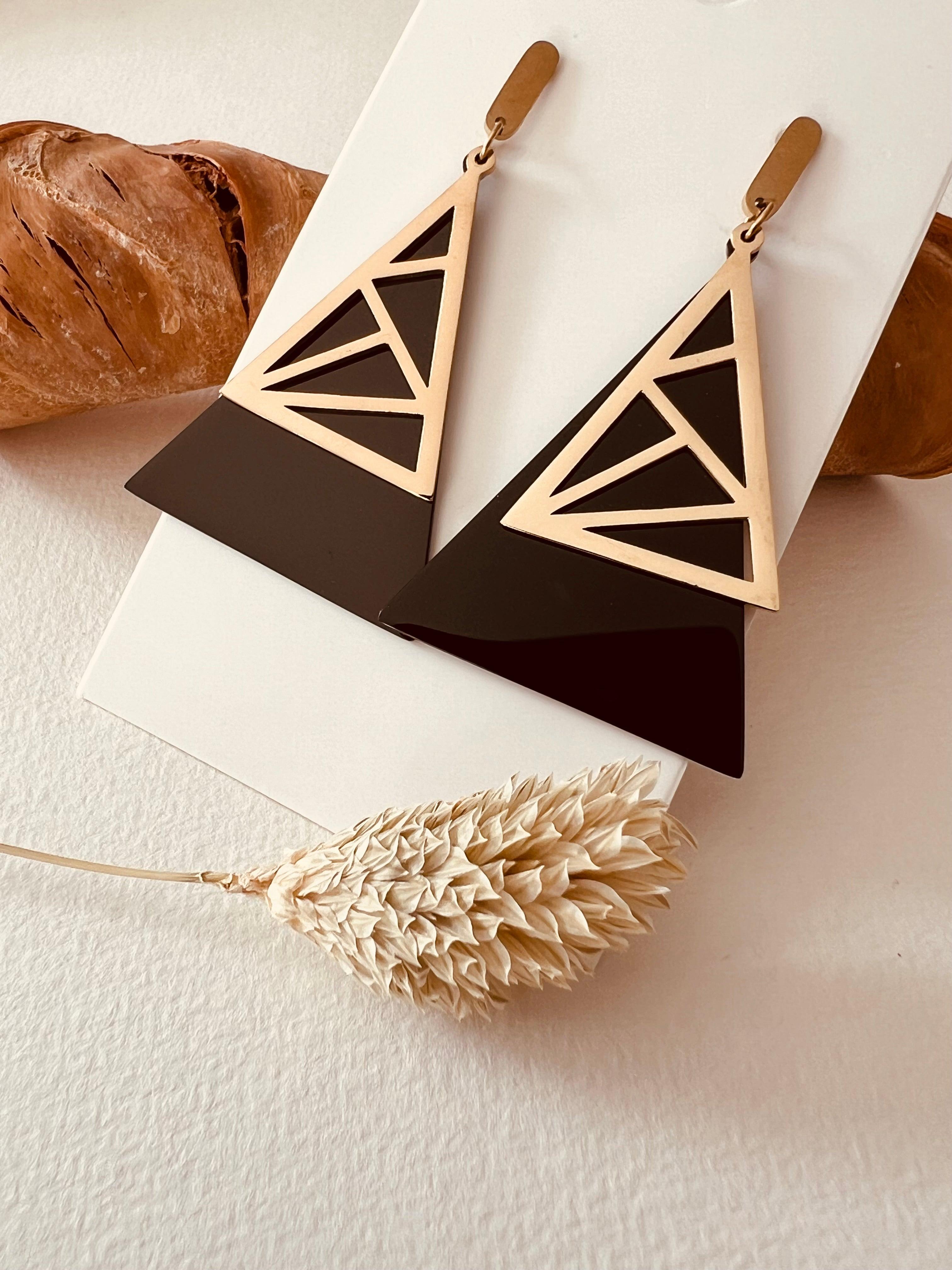 Boucles d’oreilles ARAVA triangles noirs et dorés - Créations Uniques