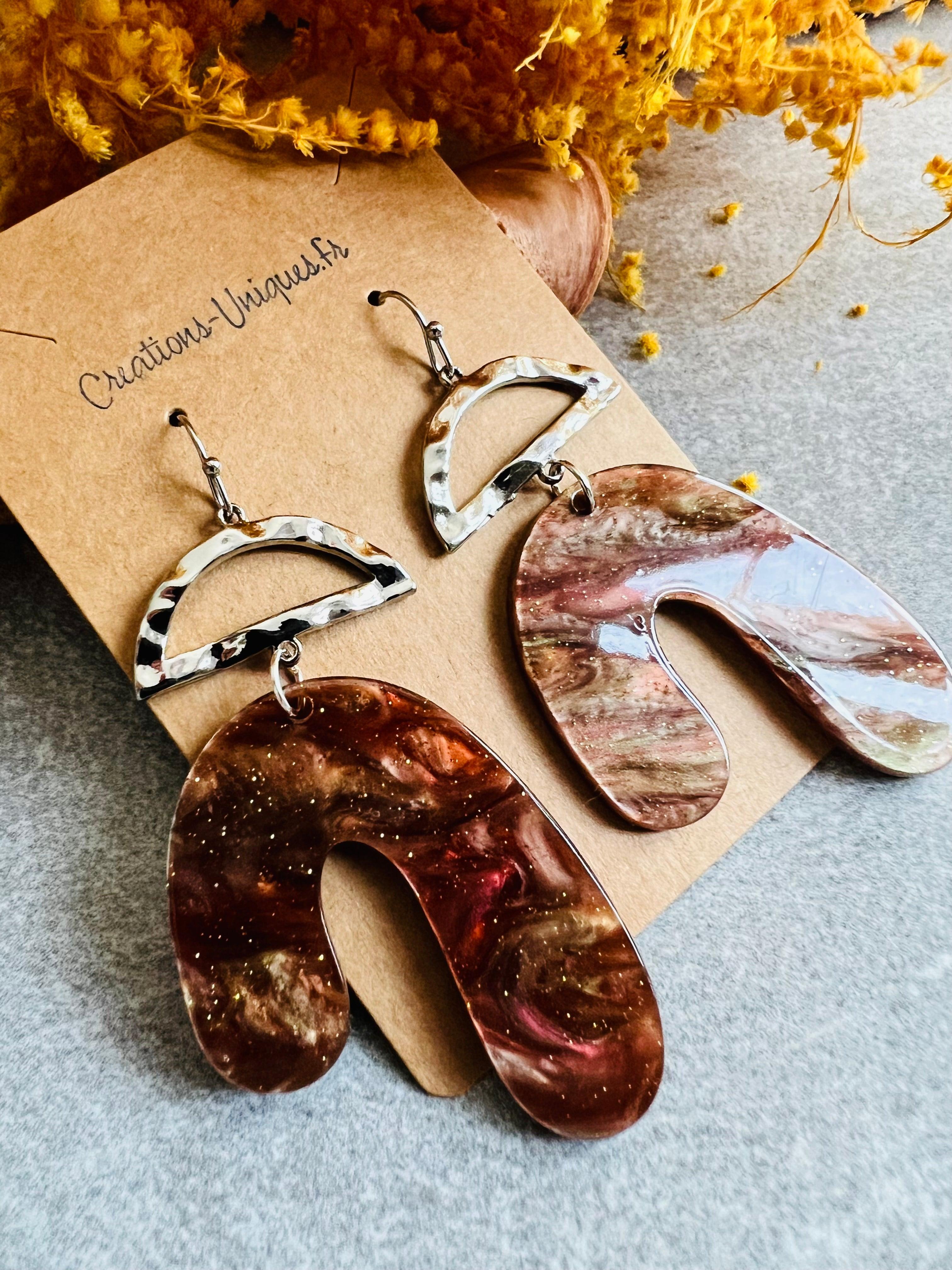 Boucles d’oreilles MURPHY résine galaxy marron - Créations Uniques - Créations Uniques