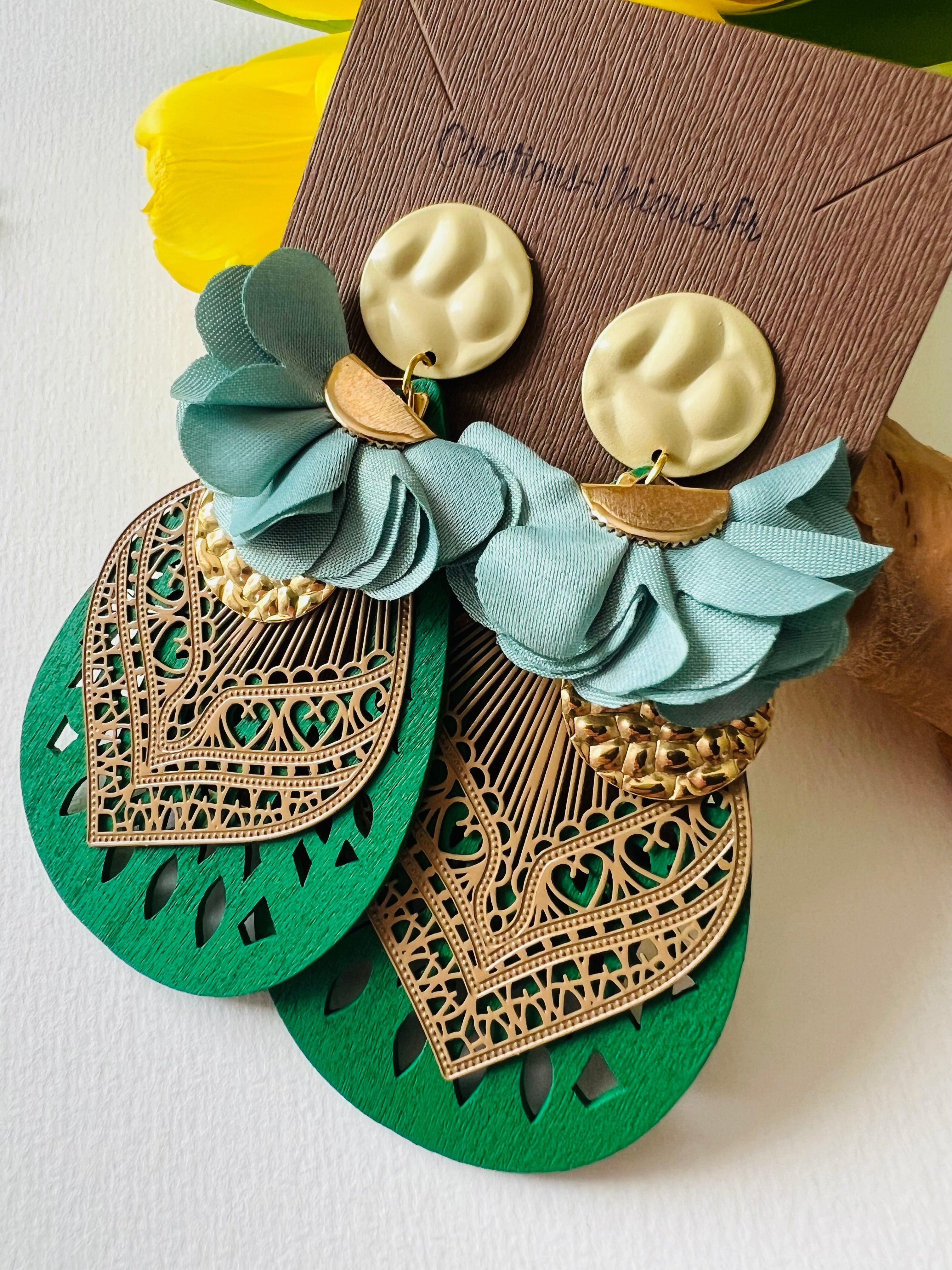 Boucles d’oreilles TELMA gouttes bois vert - Créations Uniques - Créations Uniques