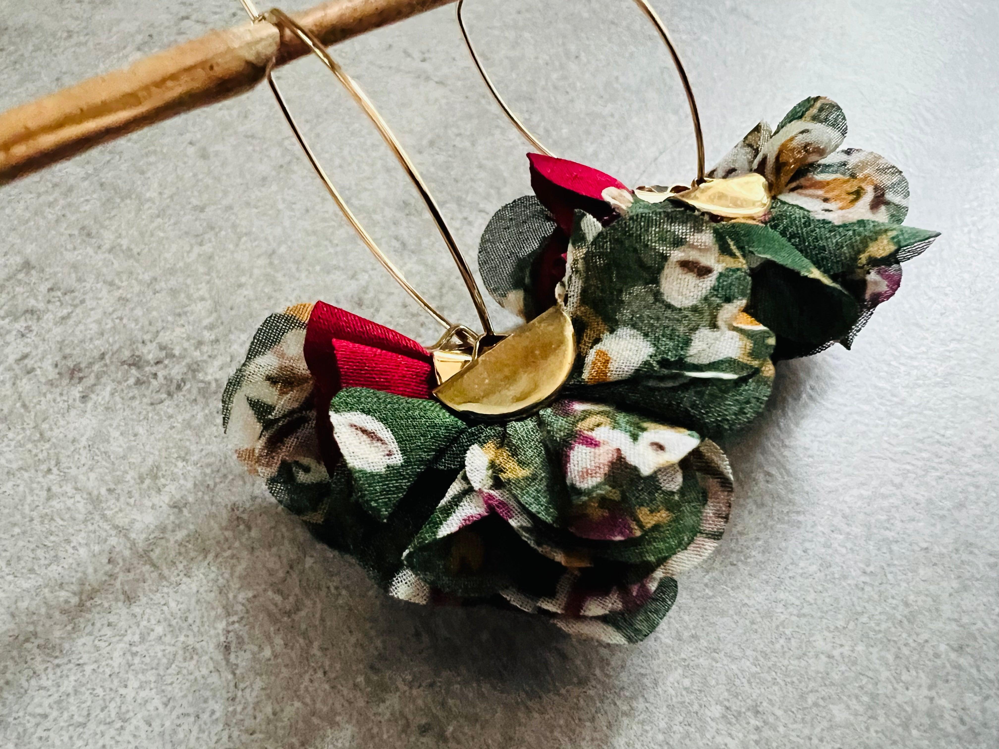 Boucles d’oreilles anneaux ovales MARIELENA pampilles tissu imprimé fleuri - Créations Uniques - Créations Uniques