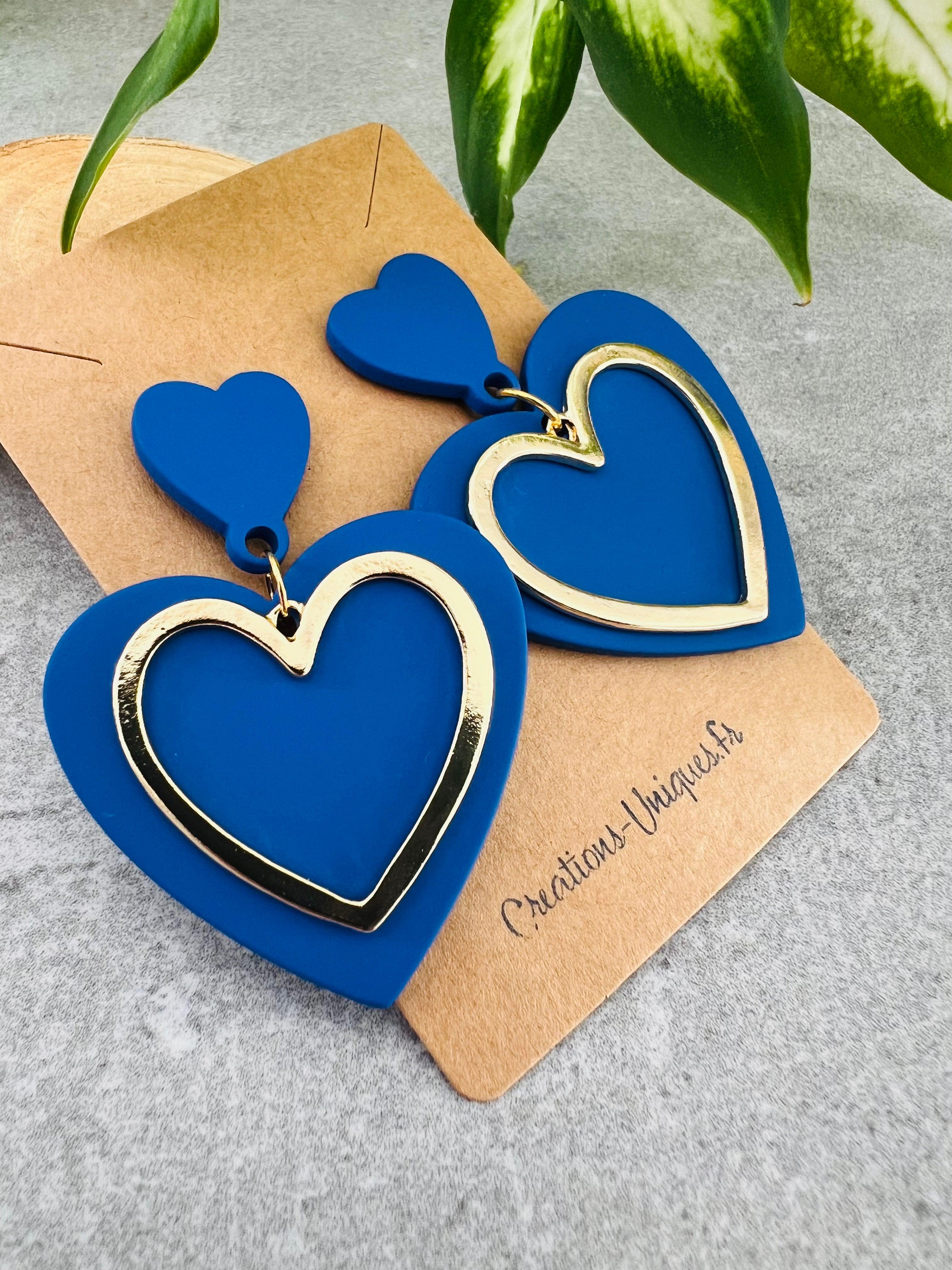 Boucles d’oreilles BROOKLYN cœurs bleu électrique et dorés - Créations Uniques - Créations Uniques