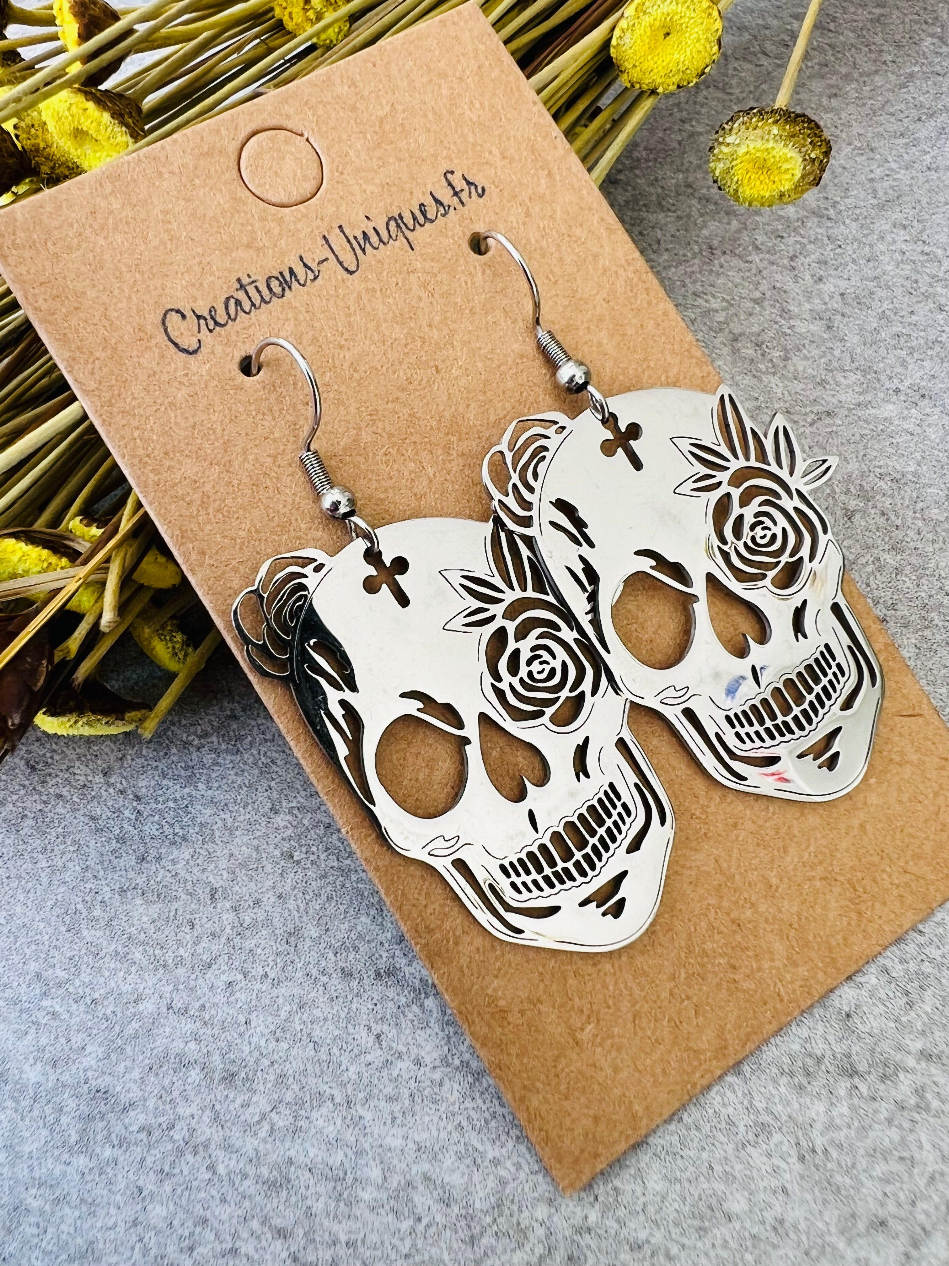 Boucles d’oreilles INGRID tête de mort mexicaine argentées - Créations Uniques - Créations Uniques