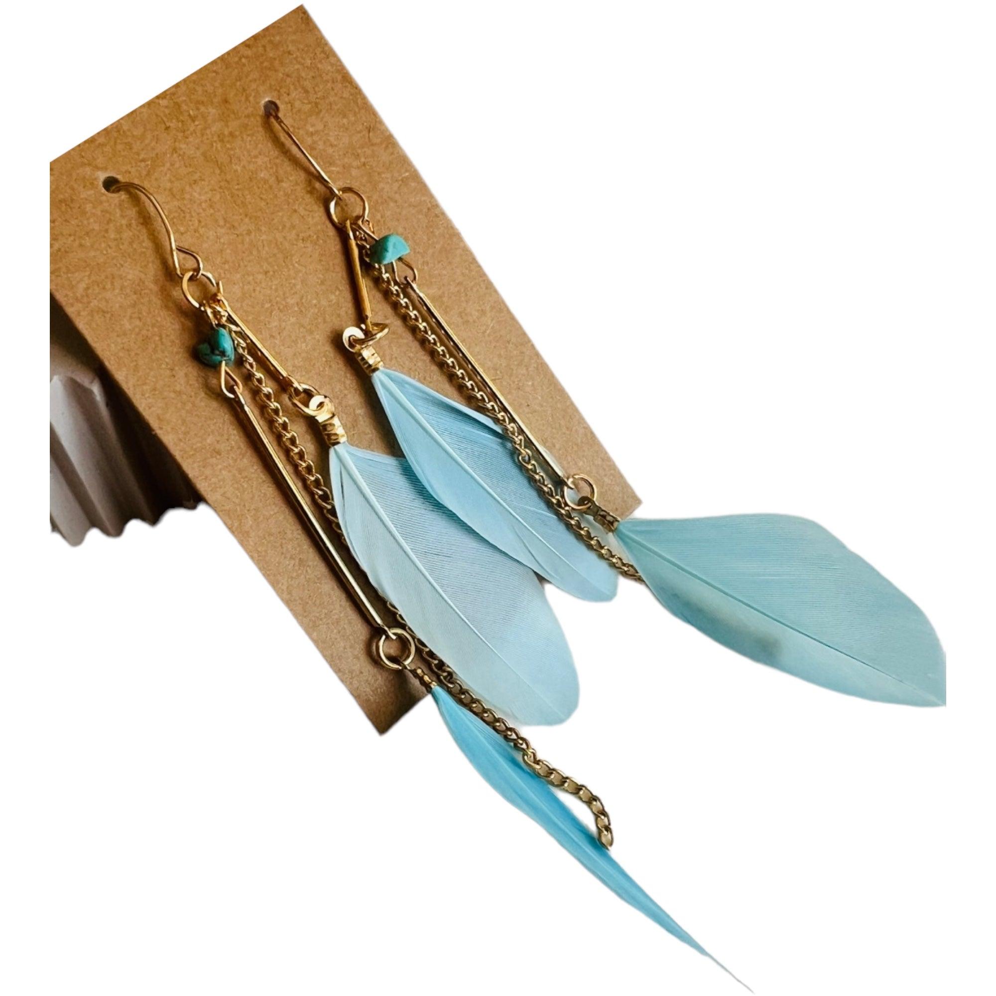Boucles d’oreilles ANAÏS longues plumes bleu ciel - Créations Uniques - Créations Uniques