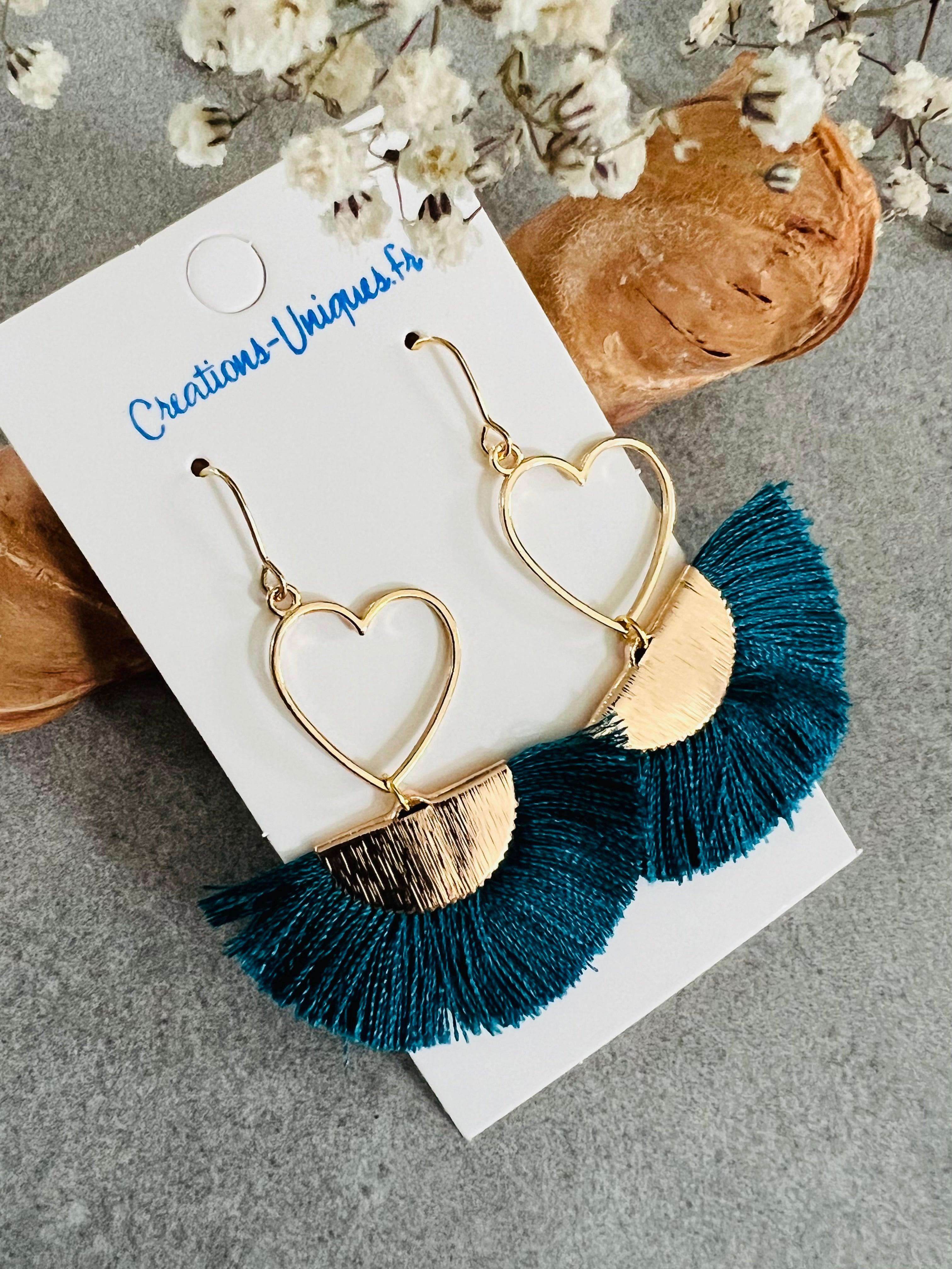 Boucles d’oreilles MARYLAUR cœurs dorés et éventail bleu pétrole - Créations Uniques - Créations Uniques
