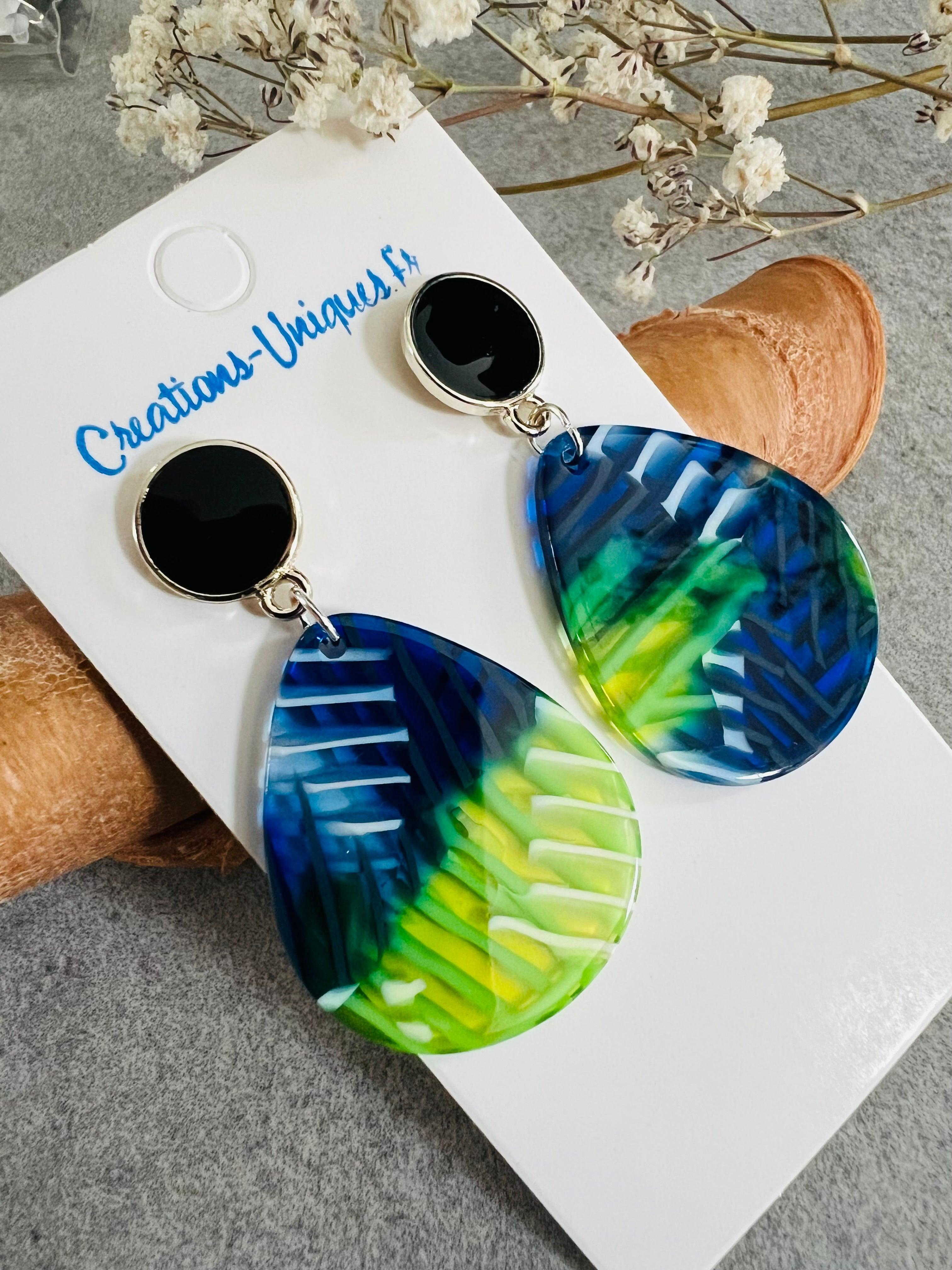 Boucles d’oreilles AUGUSTINE gouttes resine bleu et vert - Créations Uniques - Créations Uniques