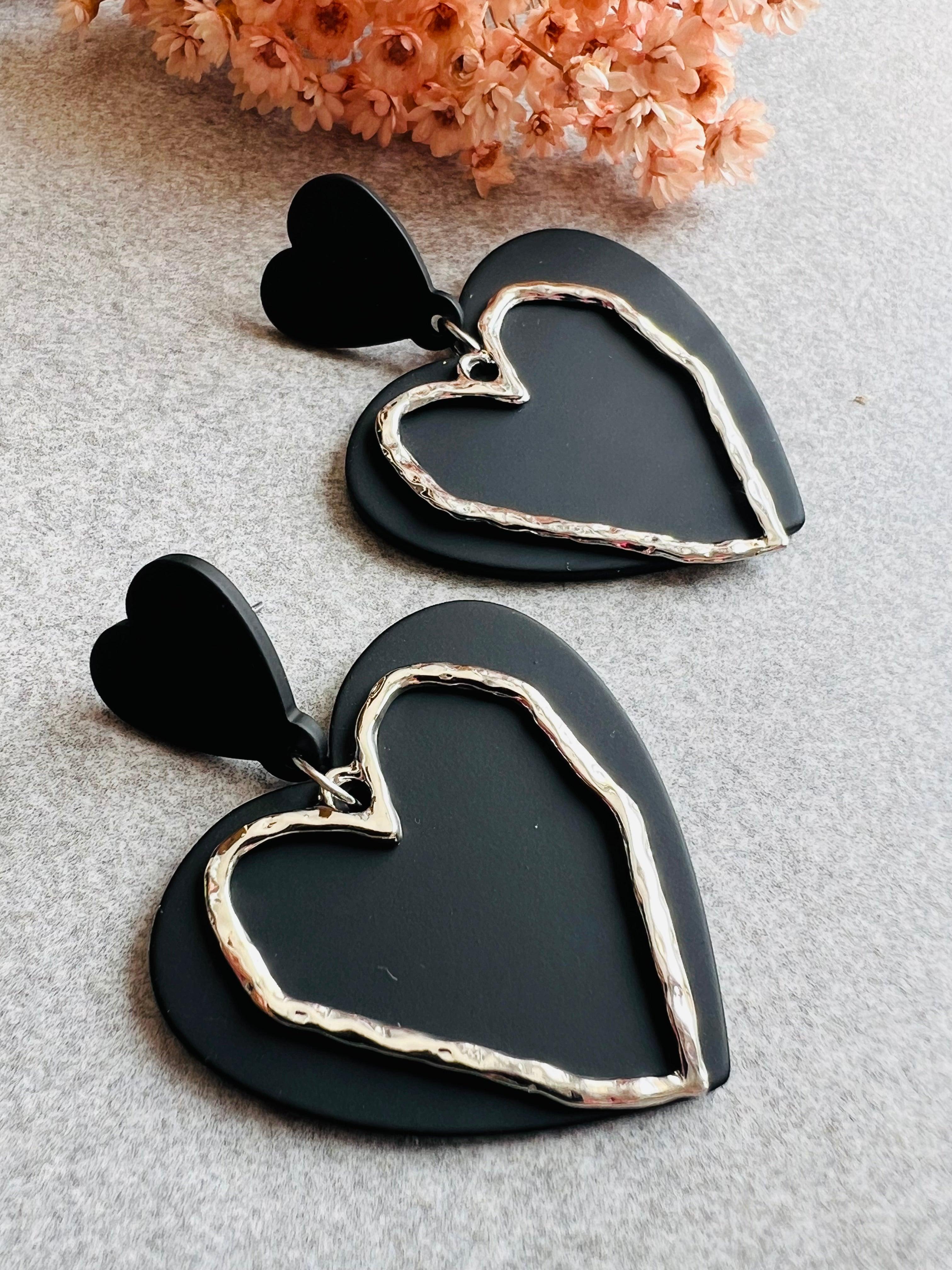 Boucles d’oreilles BROOKLYN cœurs noirs et argentés- Créations Uniques - Créations Uniques